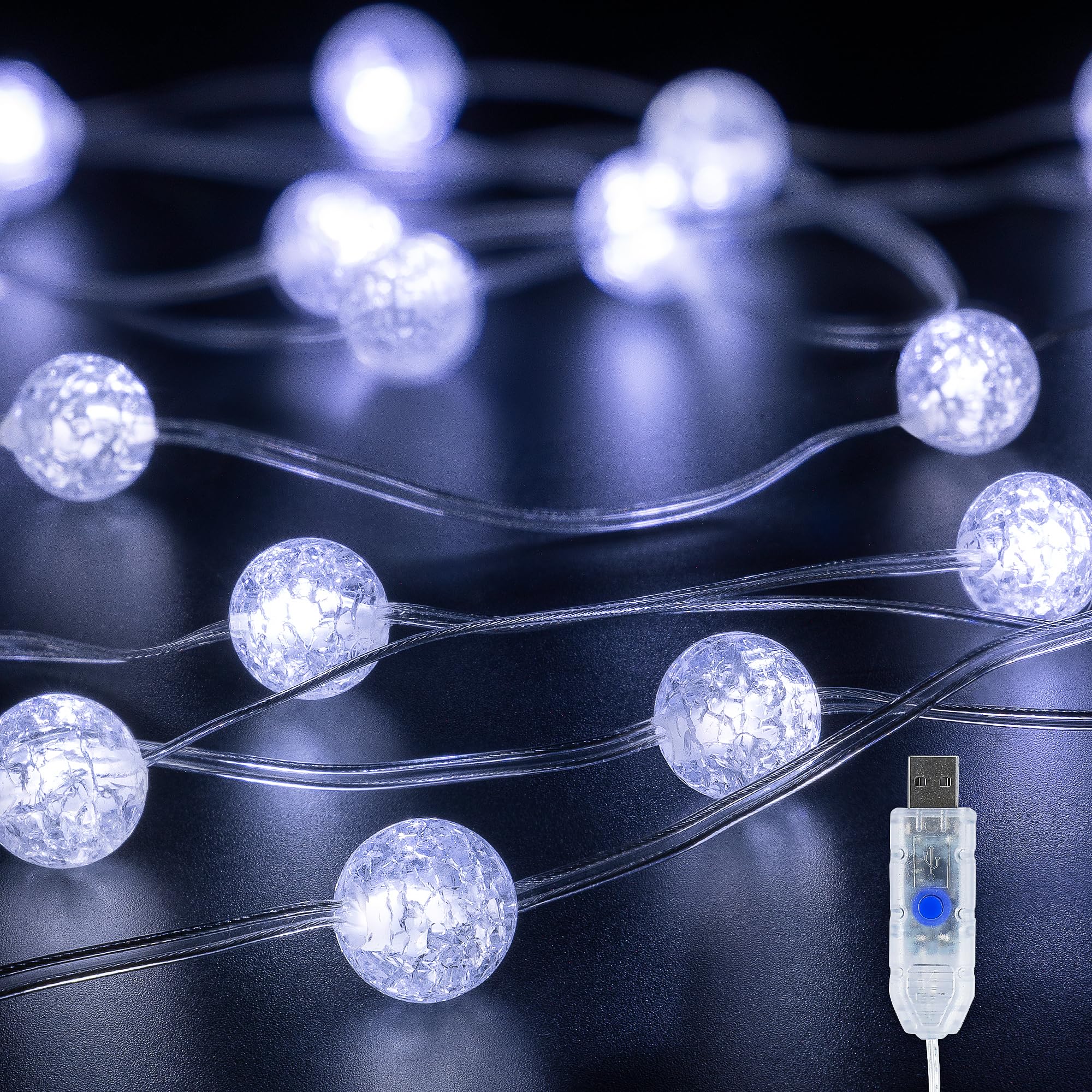 BEEWIN Upgrade Globe String Lights,10FT 30 LED USB Fairy Lights,8 Modes Crystal Crackle Ball Lights,Waterproof Decorative Christ