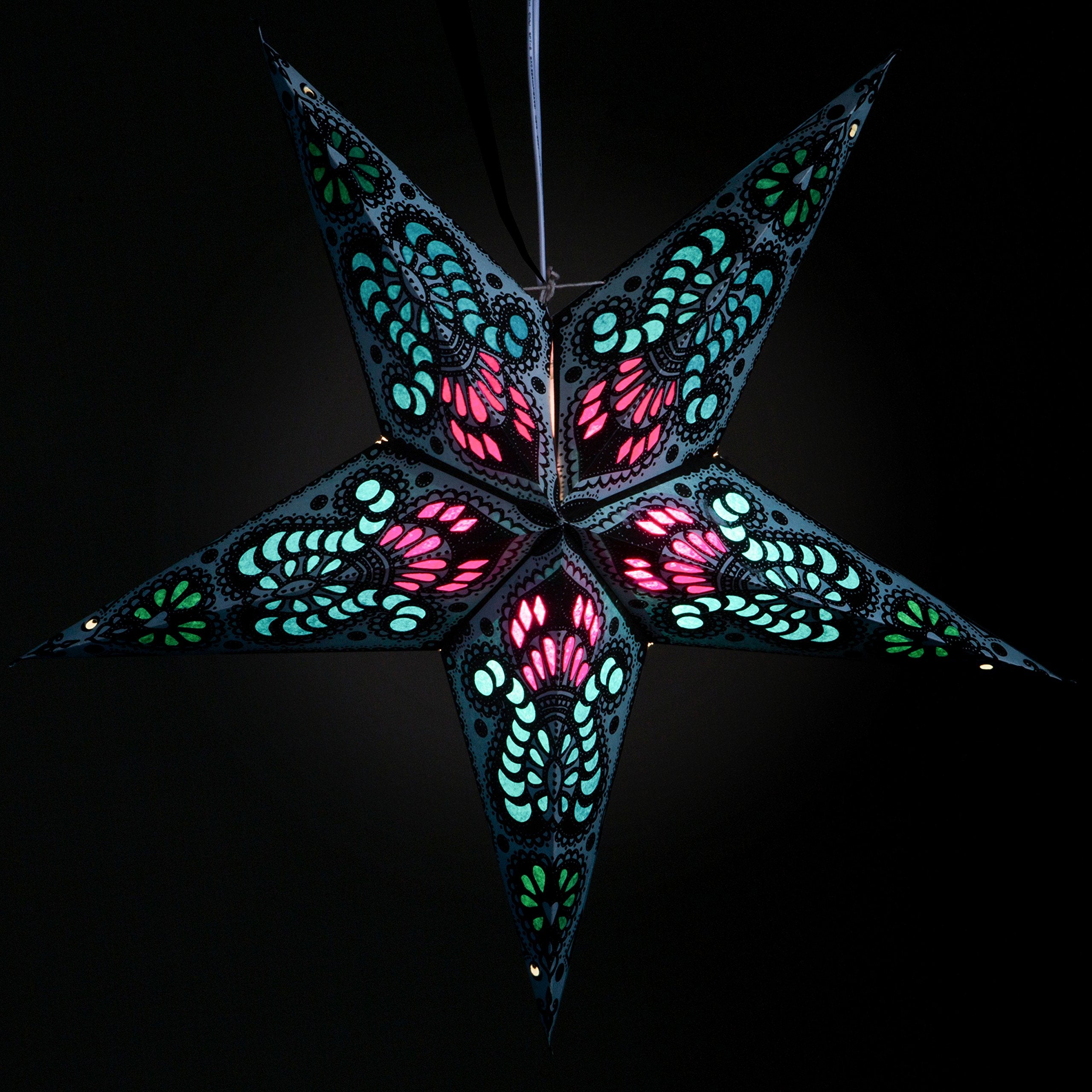 Peacock Light Blue Paper Star Lantern With 12 Foot Power Cord Included
