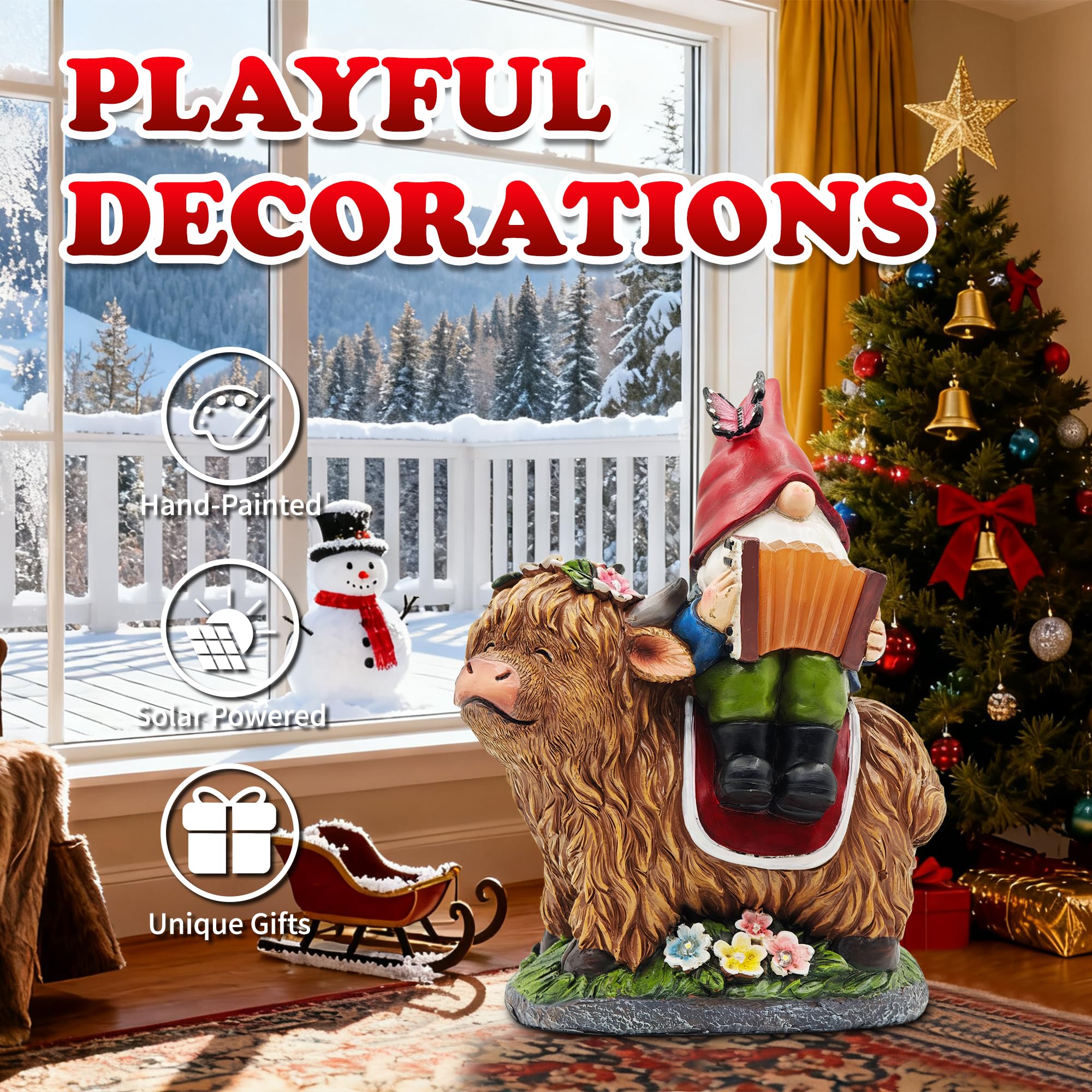 Cffownug Christmas Garden Gnomes Outdoor Statues: 8 Solar Light Gnome Decor On Highland Cow Play The Accordion Unique Birthday Gifts For Women Mother Grandma