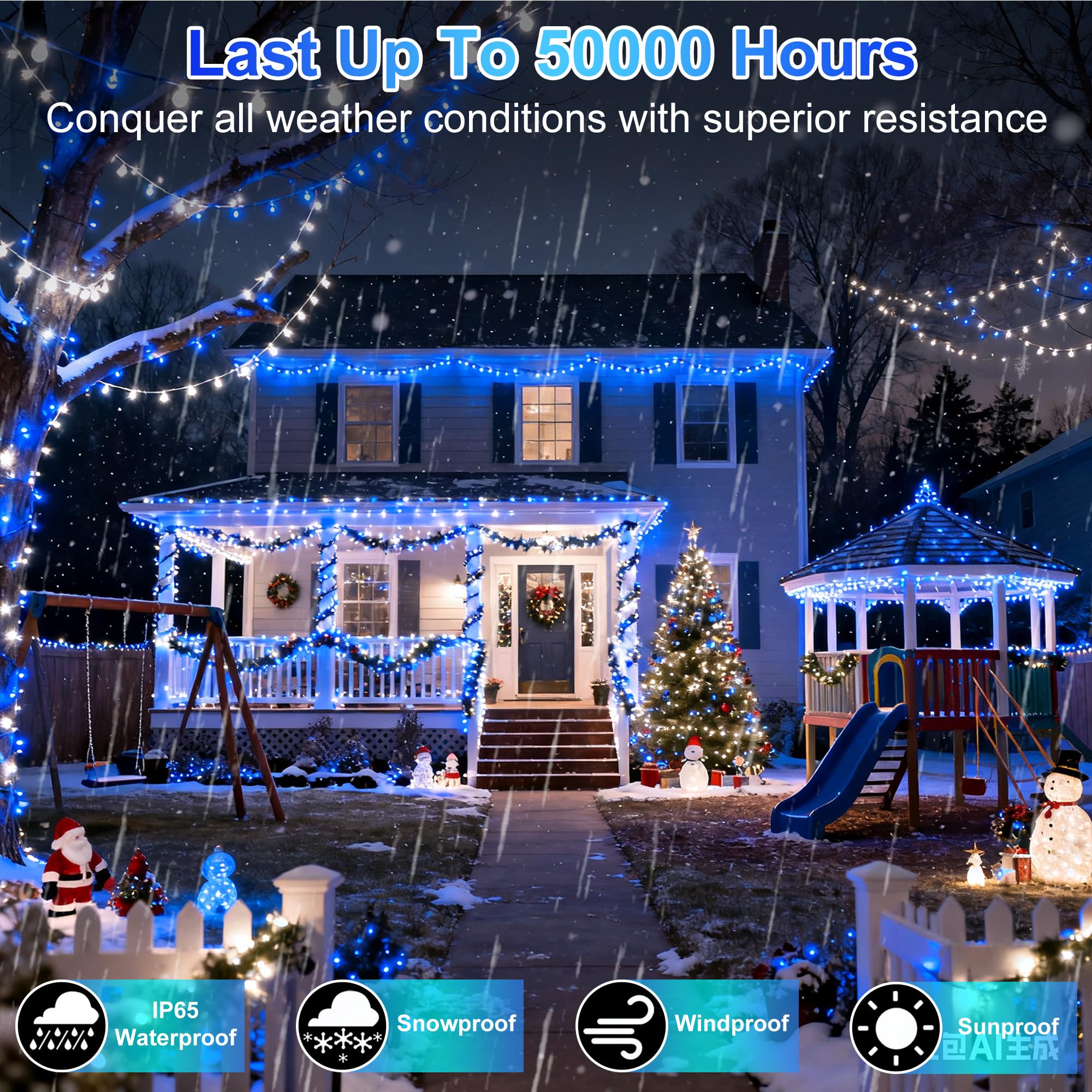 340 Led 90Ft Christmas String Lights Outdoor  12 Pro Modes And Timer Memory & Brightness  Plug In Outdoor Waterproof Clear Wire Twinkle Light For For Xmas Yard Tree Wedding Party Decor (Blue & White)