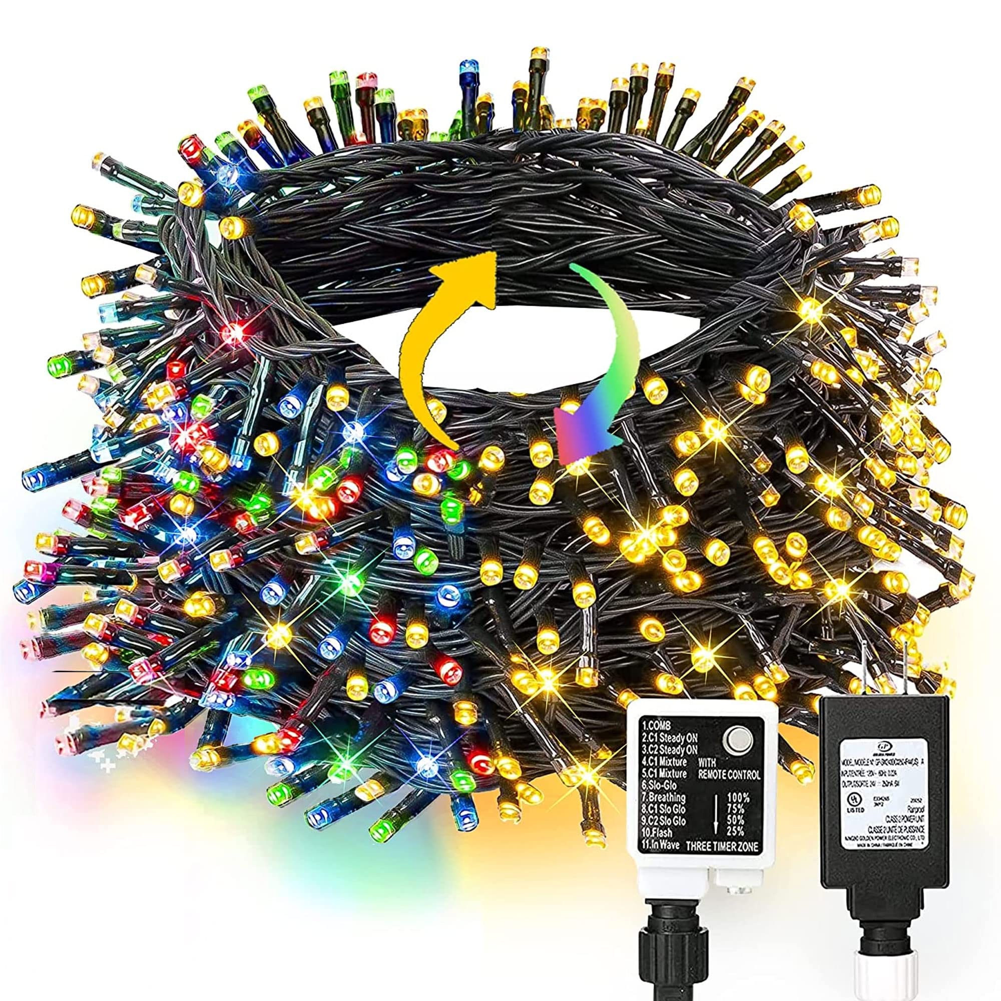 Dazzle Bright 100FT 300 LED Color Changing Christmas Lights, 2 in 1 Warm White & Multi Waterproof Christmas String Lights with 11 Functions Christmas Decorations for Indoor Outdoor