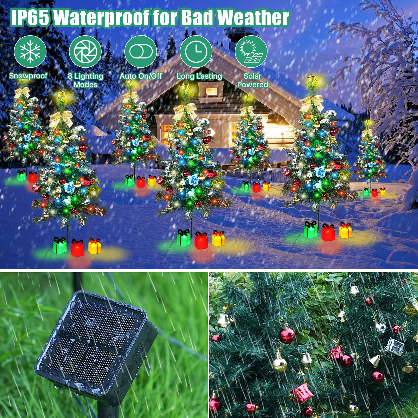 Adecorty Solar Christmas Tree Decorations 2 Pack, 60 LED, 30Inch Mini Prelit, Multicolor, Model ADT-Solar Christmas Tree 2P