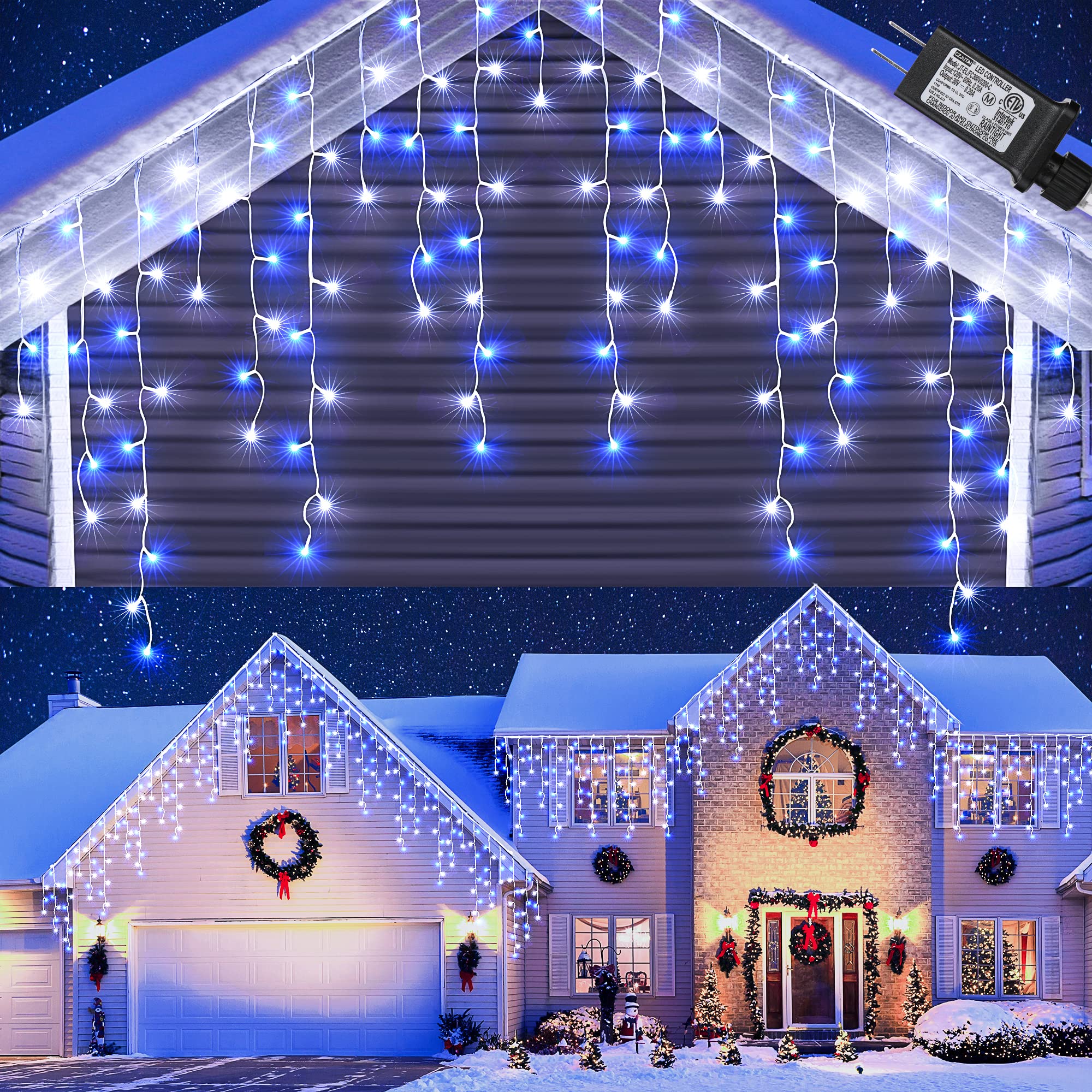 Toodour White & Blue Christmas Icicle Lights, 29.5ft 360 LED Icicle Lights, 8 Modes, 60 Drops, Window Curtain Led Christmas Lights, Icicle Twinkle Lights for Eaves, Party, Wedding, Christmas Decors