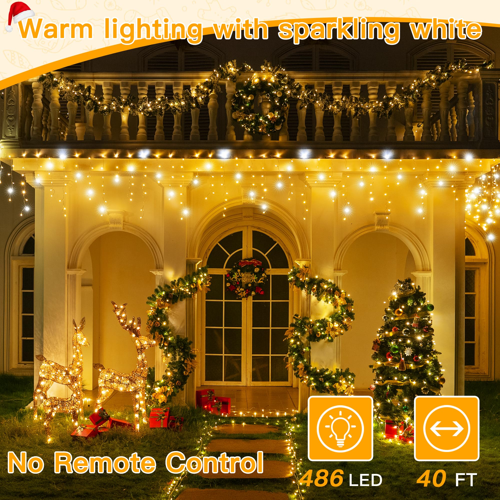 Ollny Icicle Lights For Outside 486Led 40Ft, Warm White With Twinkling Cool White Christmas Light, Plug In Connectable Waterproo