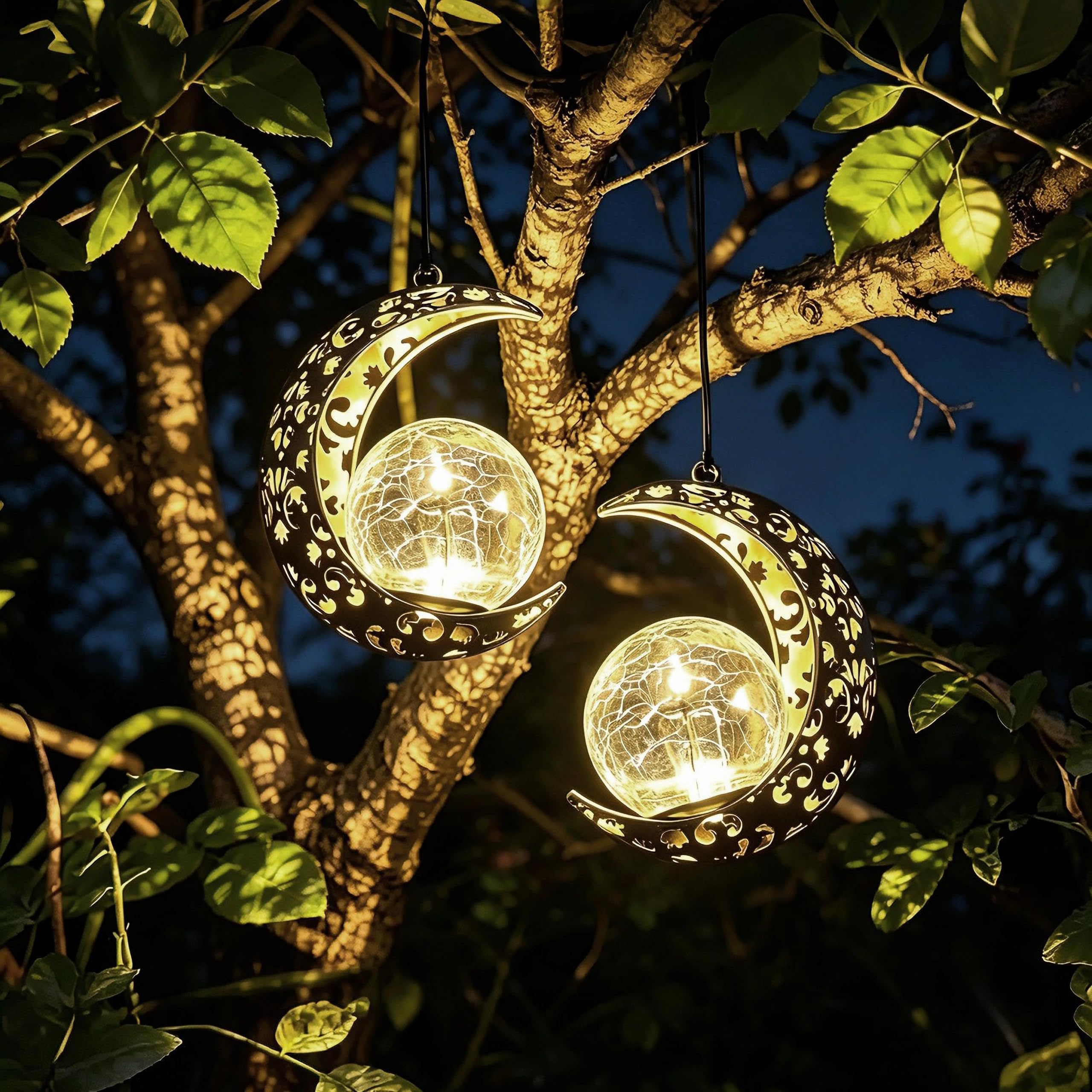 QCF Solar Moon Lanterns Outdoor Waterproof Decor, 2Pack Hanging Decorative Garden Lights, Outside Furniture Accessories Wall Tre