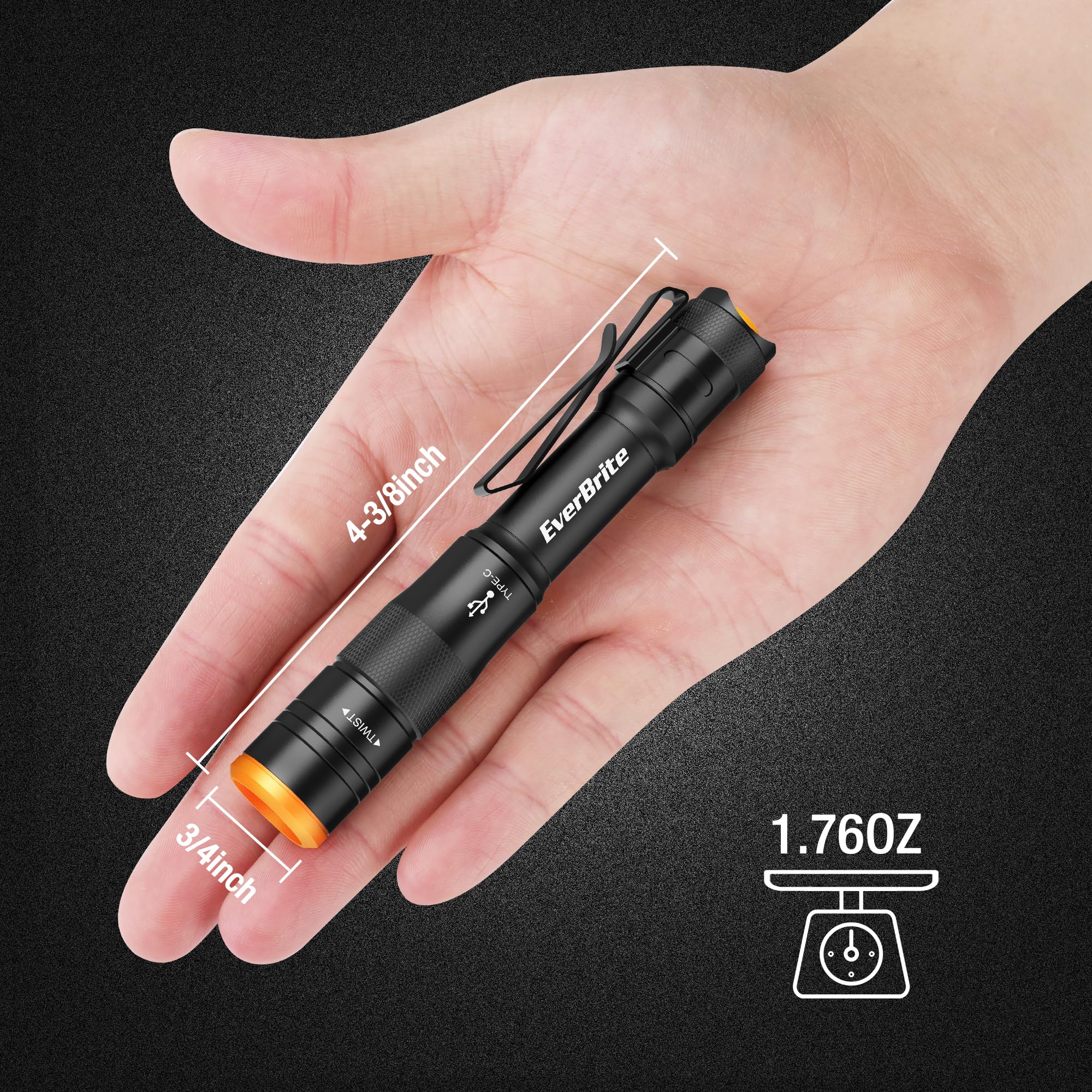 EverBrite Mini Pen Light - Rechargeable 300 Lumens Flashlight, 4 Light Modes, Black, Aluminum, Model E101120AE