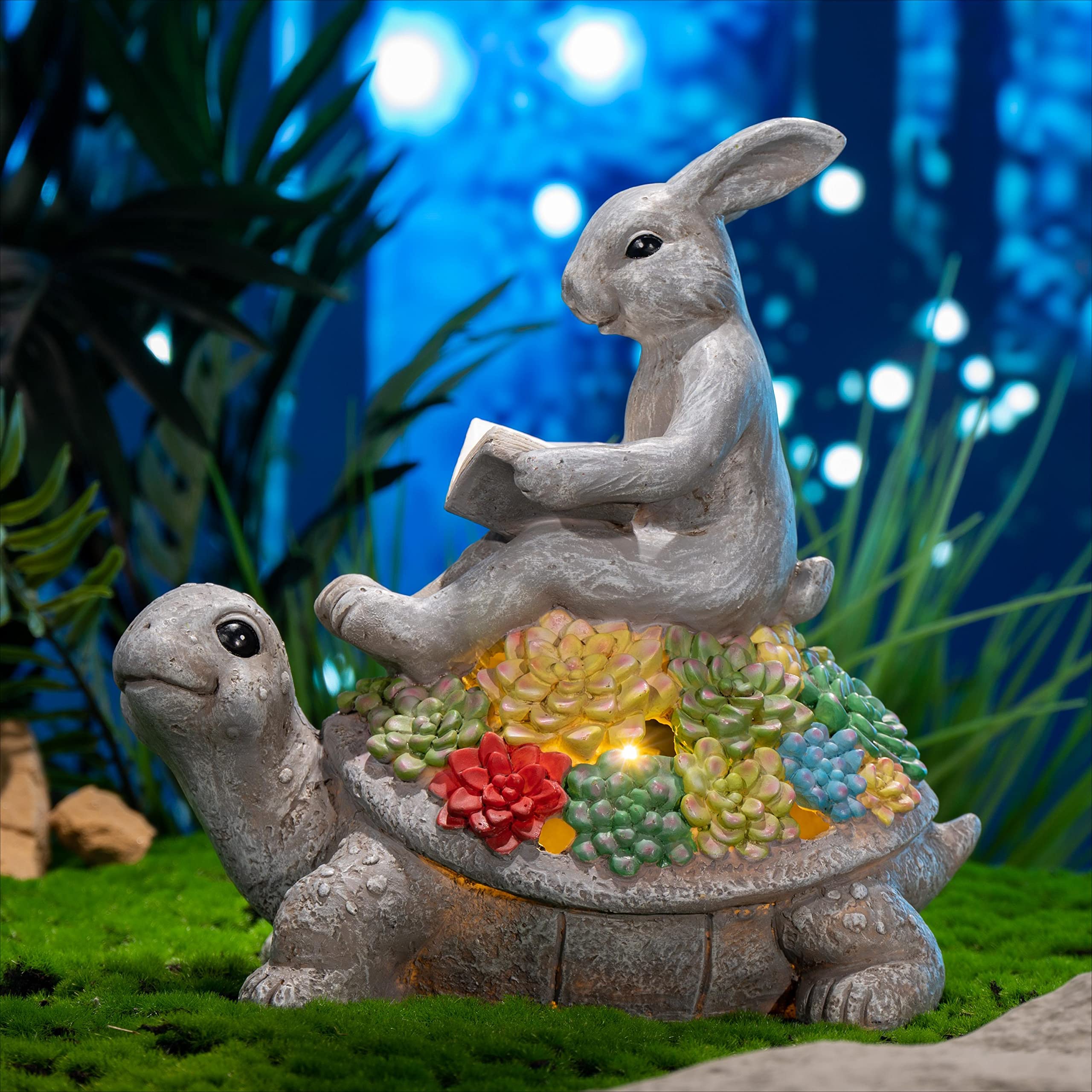 TERESAS COLLECTIONS Garden Decor, Rabbit Turtle Statues, Solar Light, Waterproof Resin, Medium Size, Multicolor