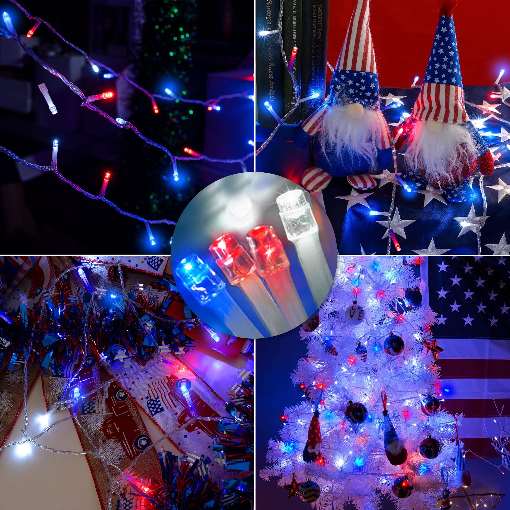kemooie 500 LED 4th of July String Lights, 164FT Waterproof Red White Blue, 8 Twinkle Modes for Outdoor Patio Garden