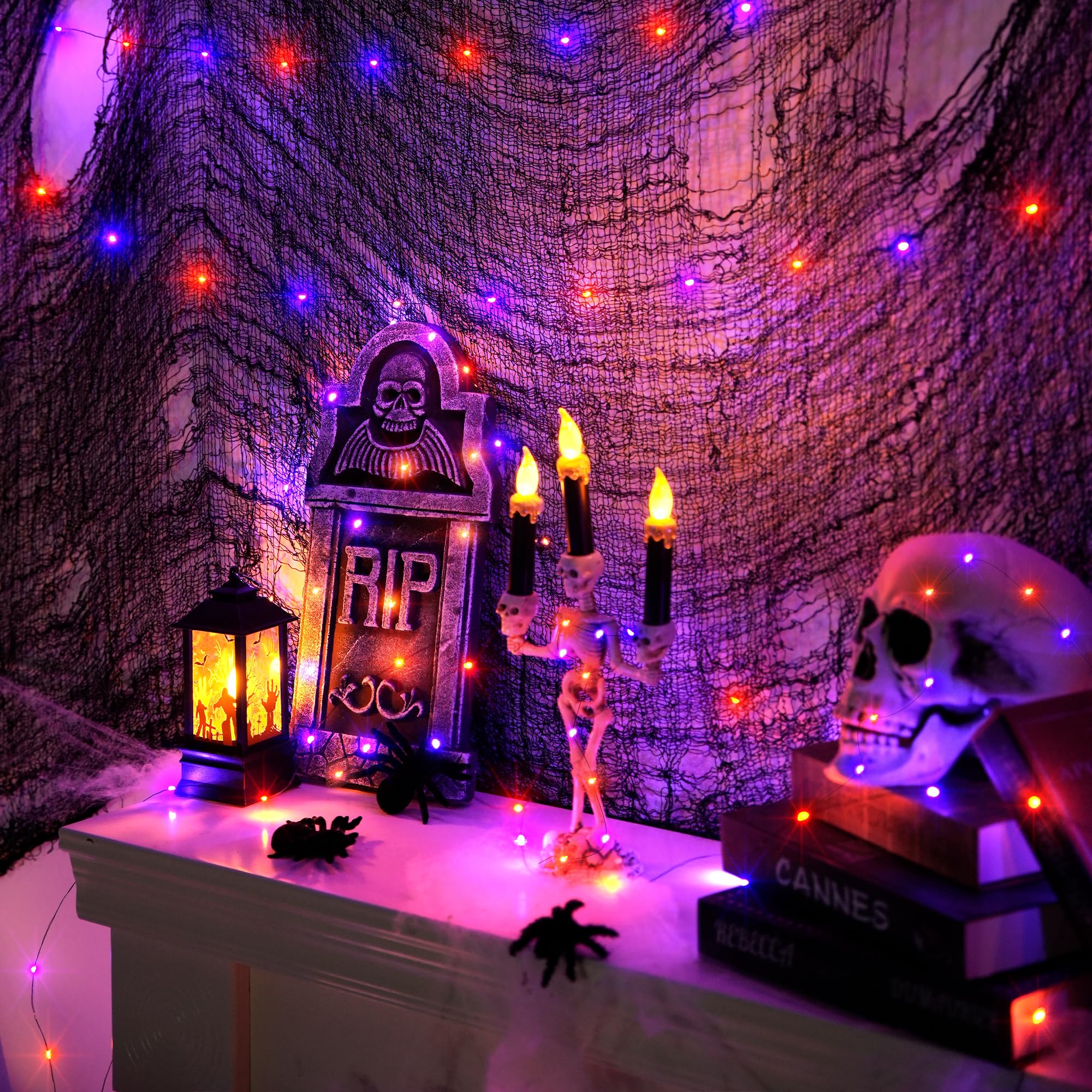 JMEXSUSS Halloween Fairy Lights, 200 LED 66ft, Battery Operated, 8 Modes, 2 Pack, Orange & Purple, Model a4612e84-463d-