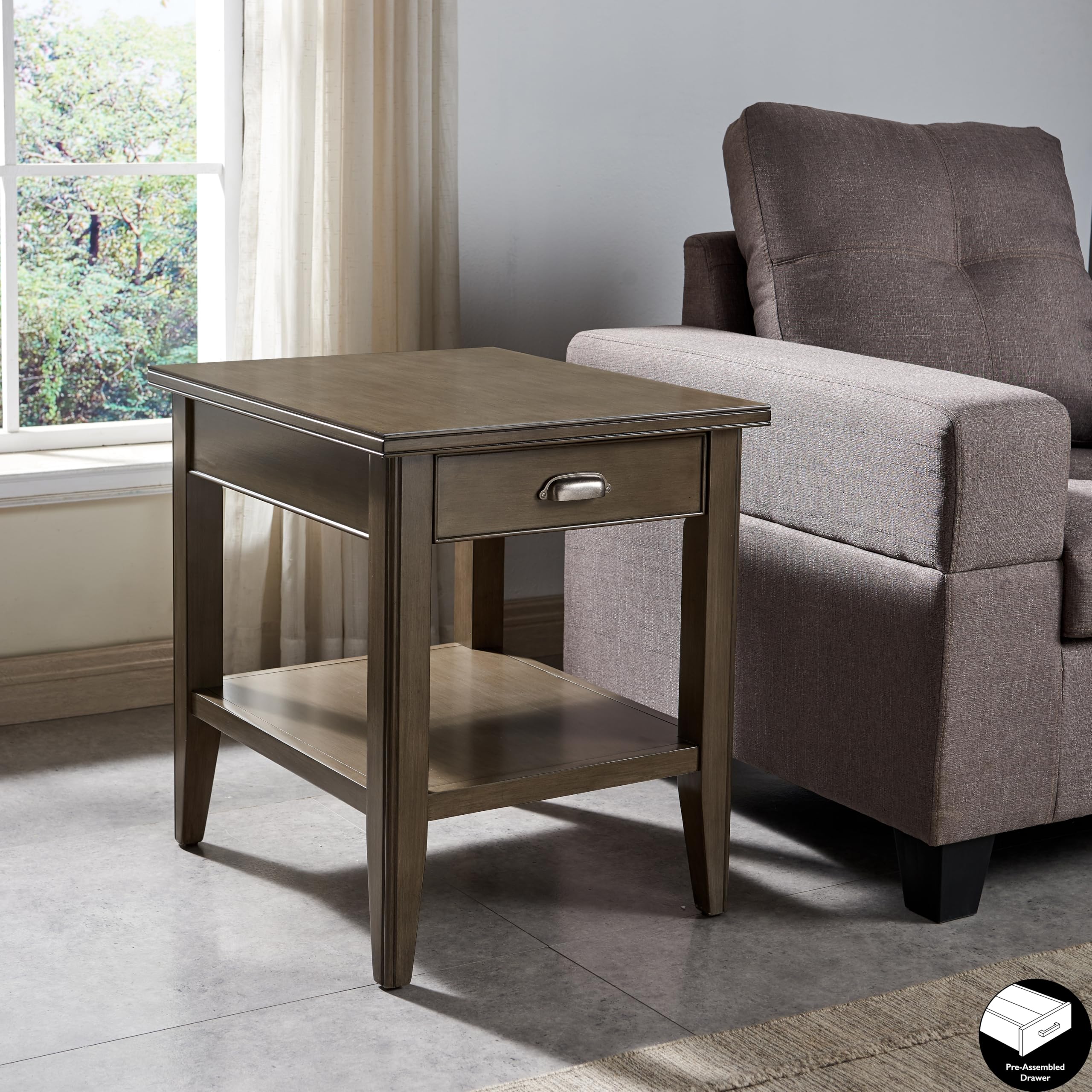 Laurent 20 In. Solid Wood End Table With Shelf And Drawer, Smoke Gray - Leick Home, 10507-Gr