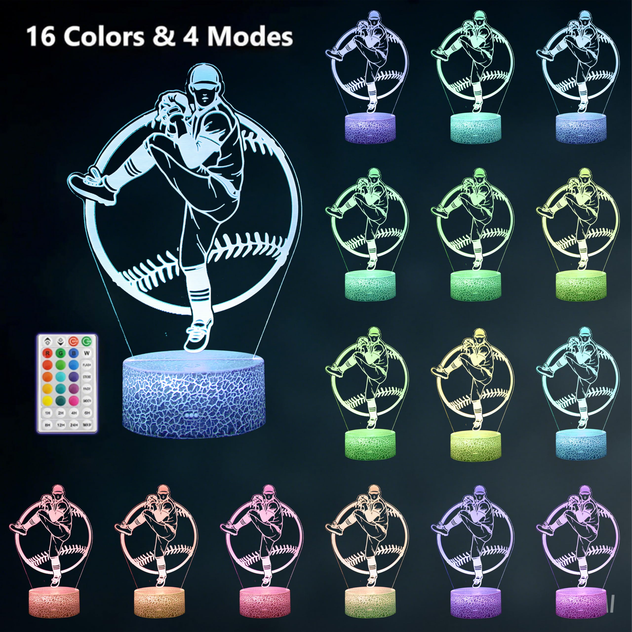 Yzddsi 3D Baseball Night Light for Kids - 16 Color Changing LED Lamp with Remote, Timer & Touch Base - USB or Battery Powered Sp