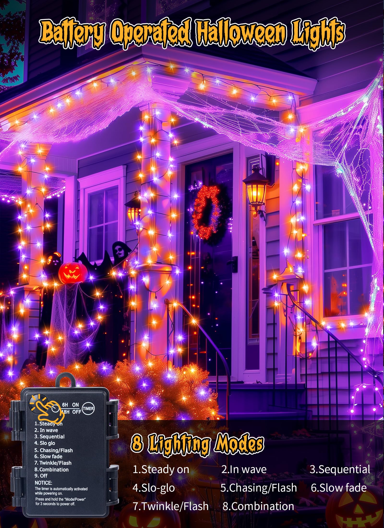 Brightown Halloween String Lights, 100 LED, 33FT, Battery Operated, Waterproof, 8 Modes, Orange & Purple, 2 Pack