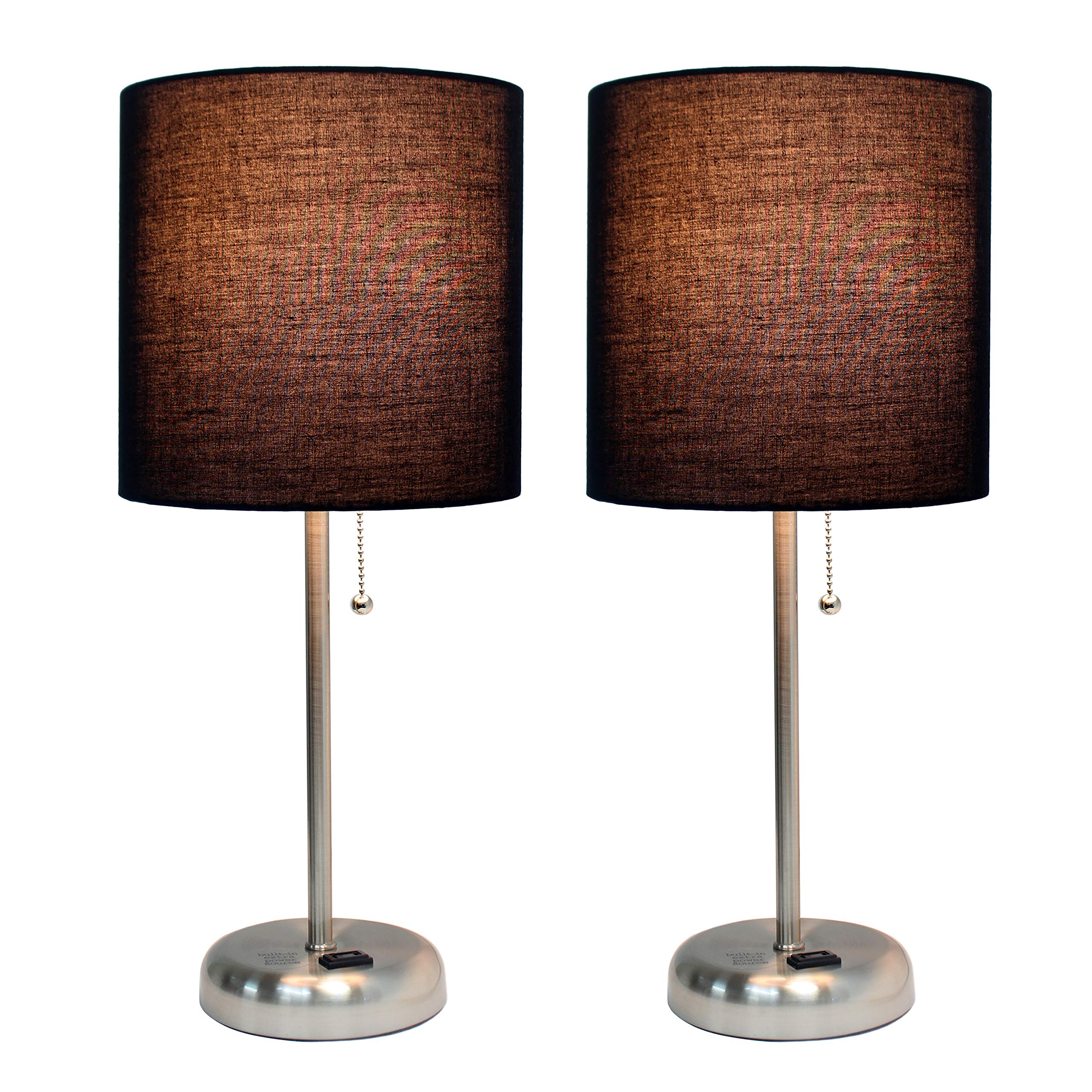 Simple Designs Lc2001-Blk-2Pk Brushed Steel Stick Table Lamp Set With Charging Outlet And Black Fabric Shades, 2 Pack Set