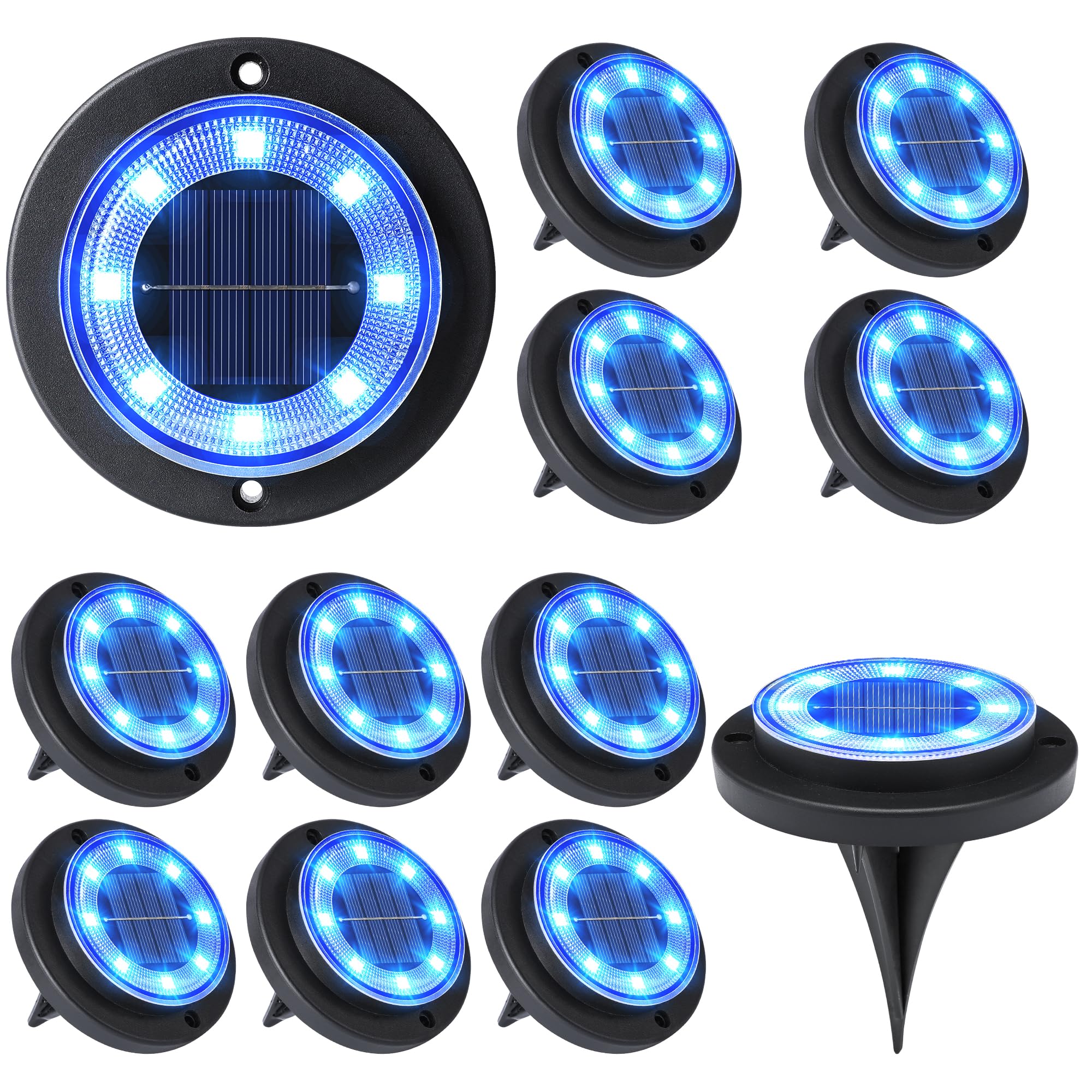Flacchi Solar Ground Lights - Waterproof Solar Disk Light for Patio, Pathway, Driveway - 12 Pack, Blue, Model YN001