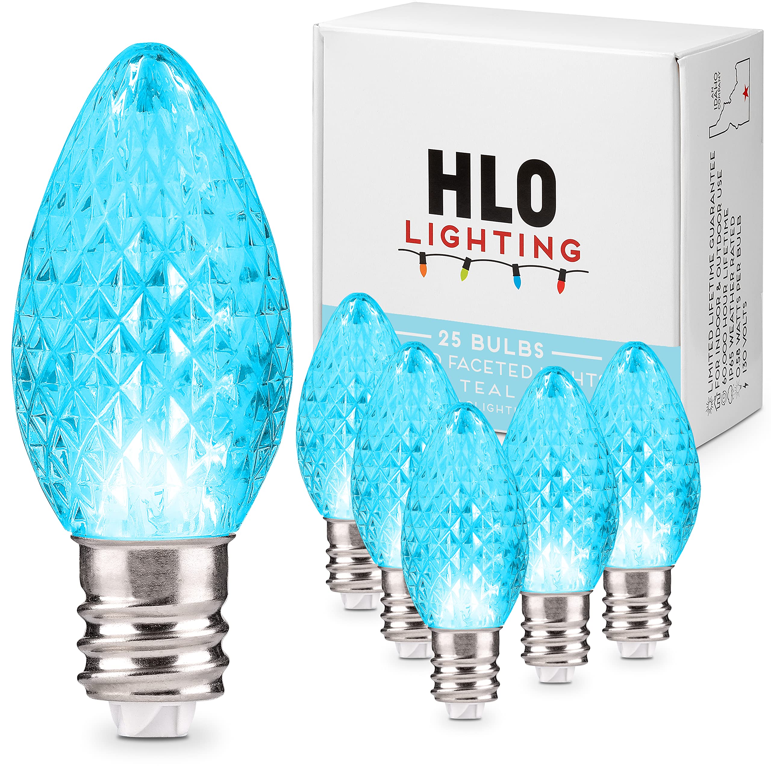 Holiday Lighting Outlet Faceted C7 Christmas Lights | Teal Led Light Bulbs Holiday Decoration | Warm Christmas Decor For Indoor & Outdoor Use | 2 Smd Leds In Each Light Bulb | Set Of 25