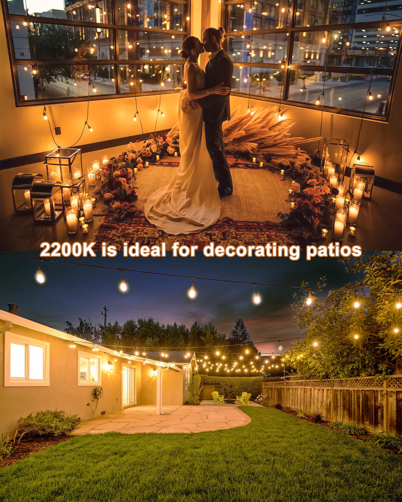 GANA Outdoor String Lights 48FT, 12V Waterproof LED, 15 E26 Sockets, Shatterproof S14 Bulbs, Ideal for Patio and Garden