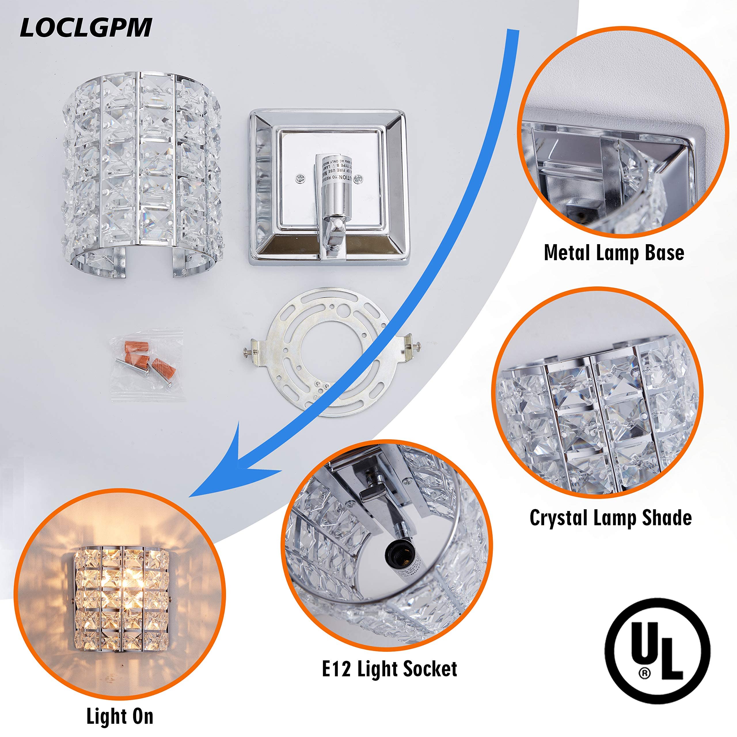 LOCLGPM Crystal Wall Sconce Set of Two - Modern Silver Metal Lighting Fixtures, 1 Light, Chrome Finish, 2 Pack