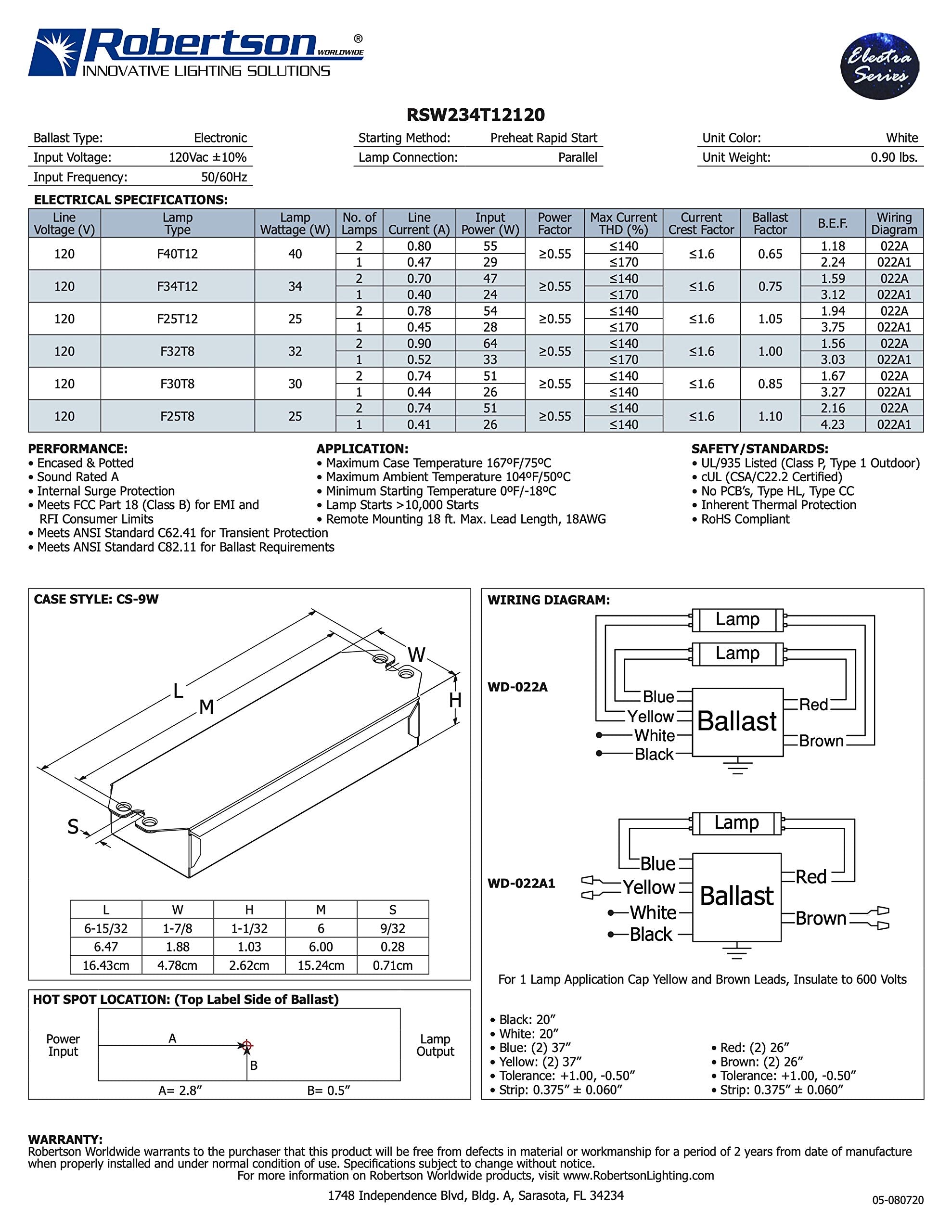 Robertson 2P20132 Quik-Pak of 10 Fluorescent eBallasts for 2 F40T12 Linear Lamps, Preheat Rapid Start, 120Vac, 50-60Hz, Normal B