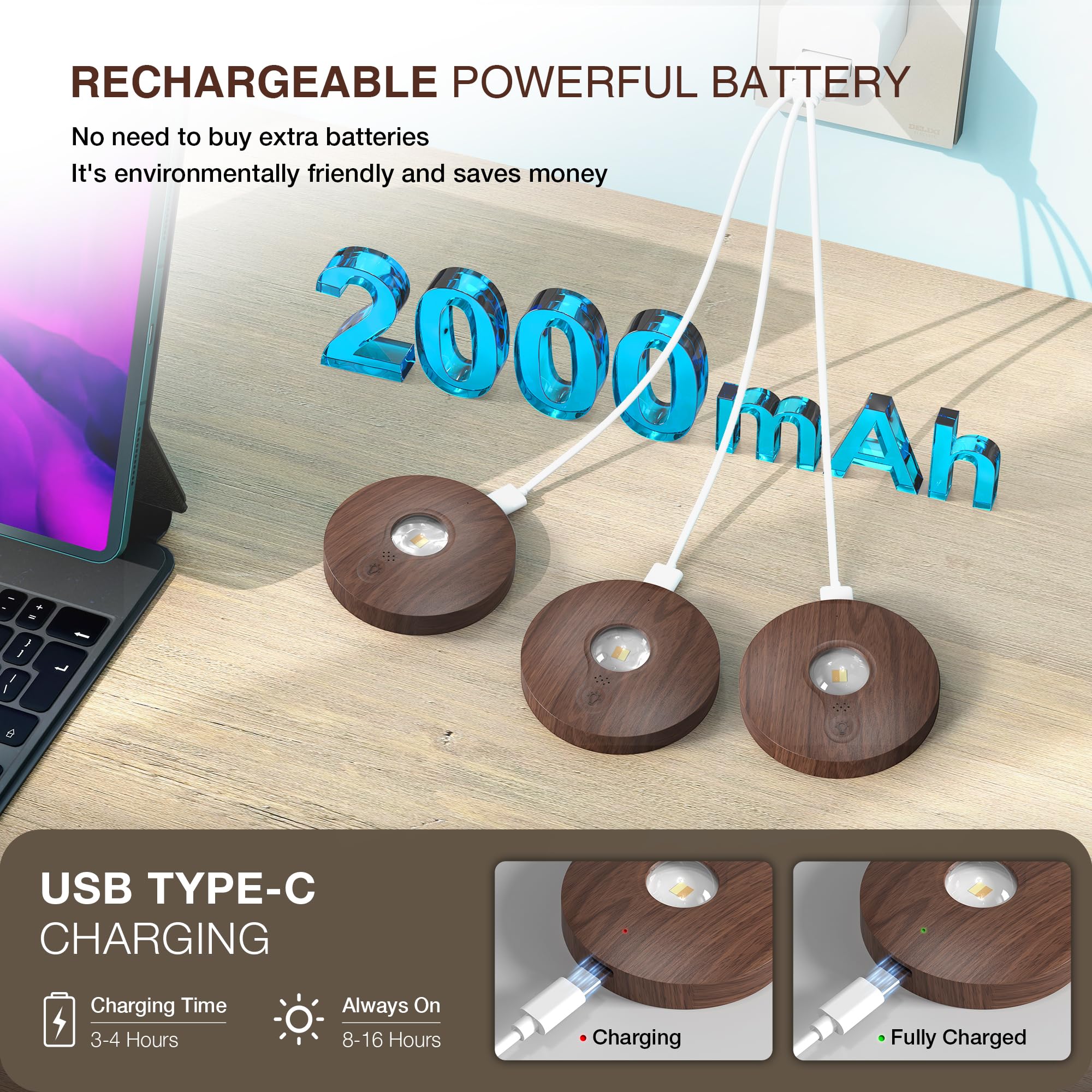 UNUSROOM Rechargeable Puck Lights - Dimmable LED Under Cabinet Lighting, 2000mAh Battery, Dark Wood, Magnetic Mount, Model T065