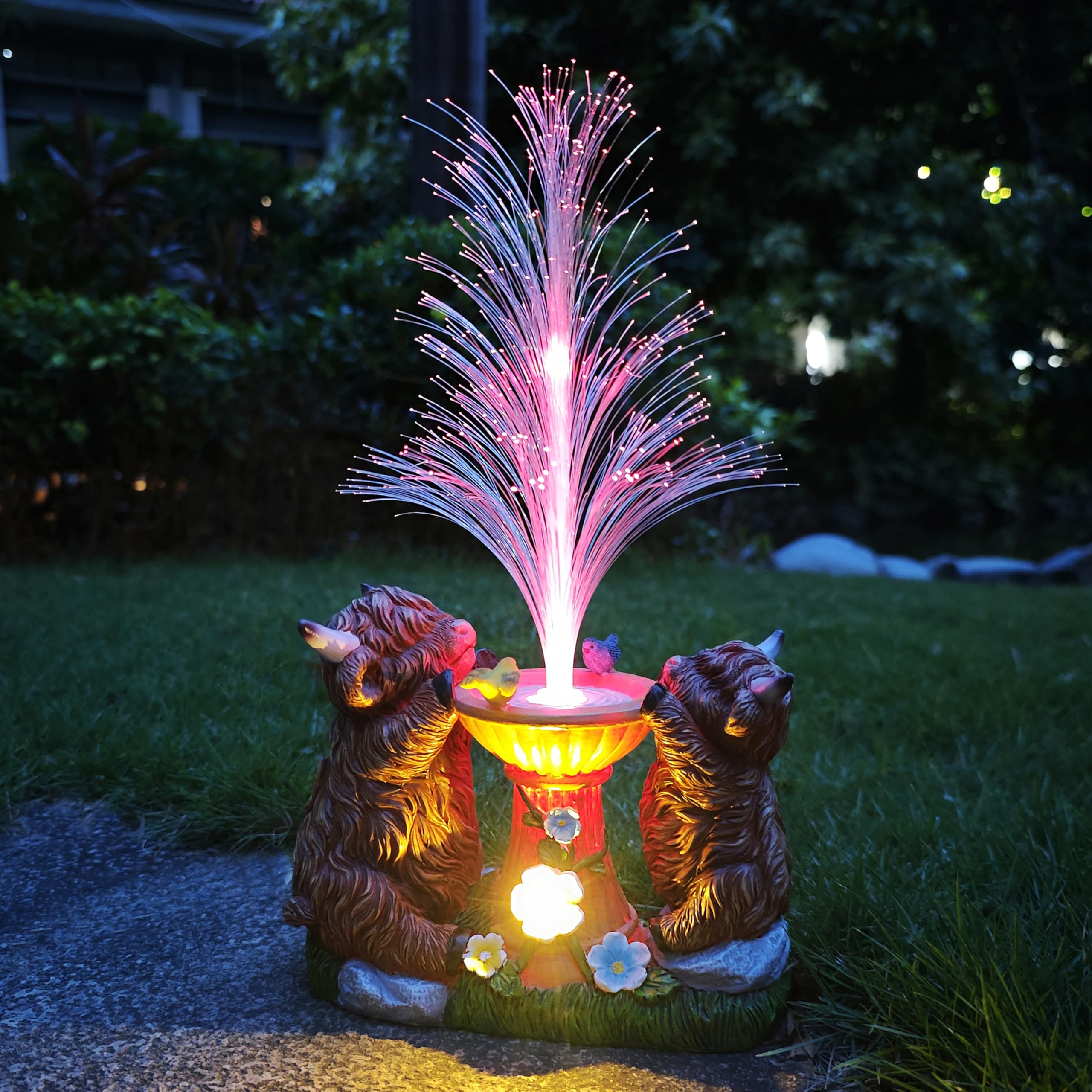 RCTTICUU Solar Highland Cow Garden Decor -Resin Highland Cows Figurines Lights and Colour Changing Optical Fiber with Solar LED Lights Outdoor Statues Decoration for Patio Yard Lawn