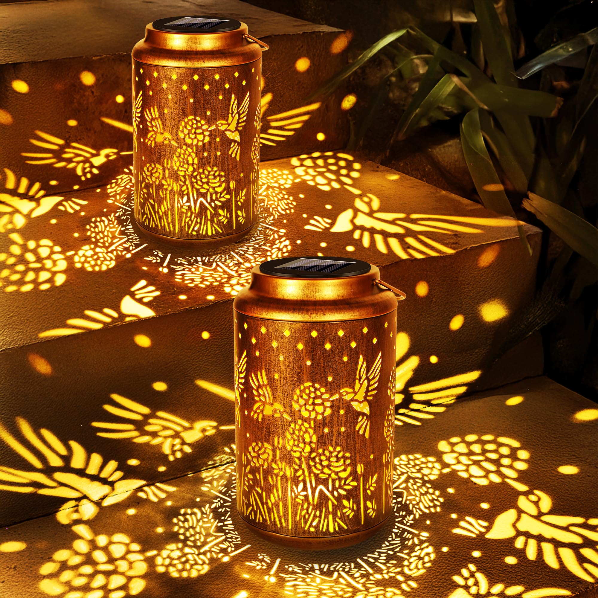 ODEETRONIC 2Pack Hummingbird Solar Lanterns - LED Solar Lantern Lights Outdoor Waterproof, Garden Lantern Lights Birthday Gift f