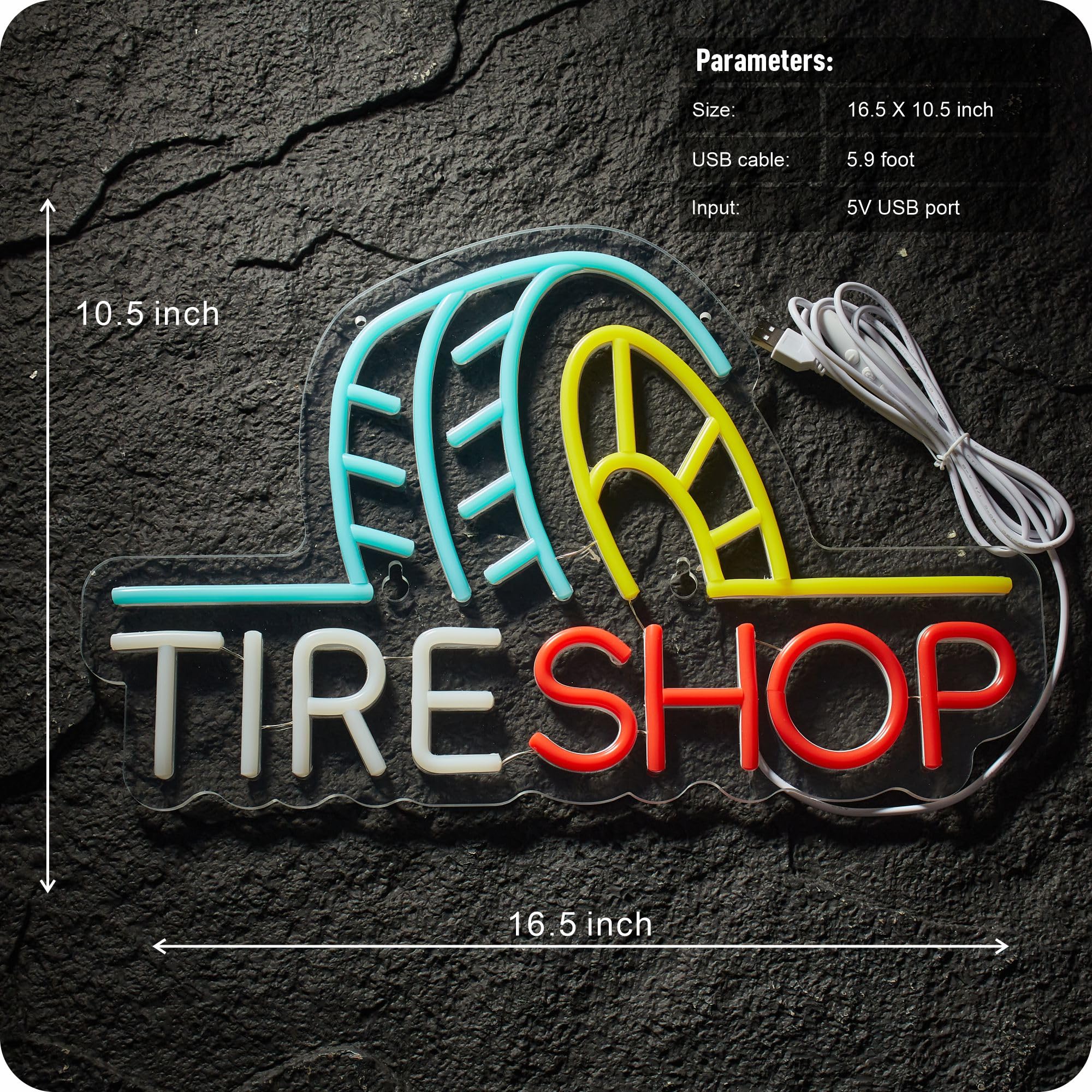 IMTATTO Tire Shop Neon Sign - LED Wall Light, Dimmable, USB Powered, 16.5x11 inches, Blue/Yellow/Red - Garage Decor for Auto Supplies