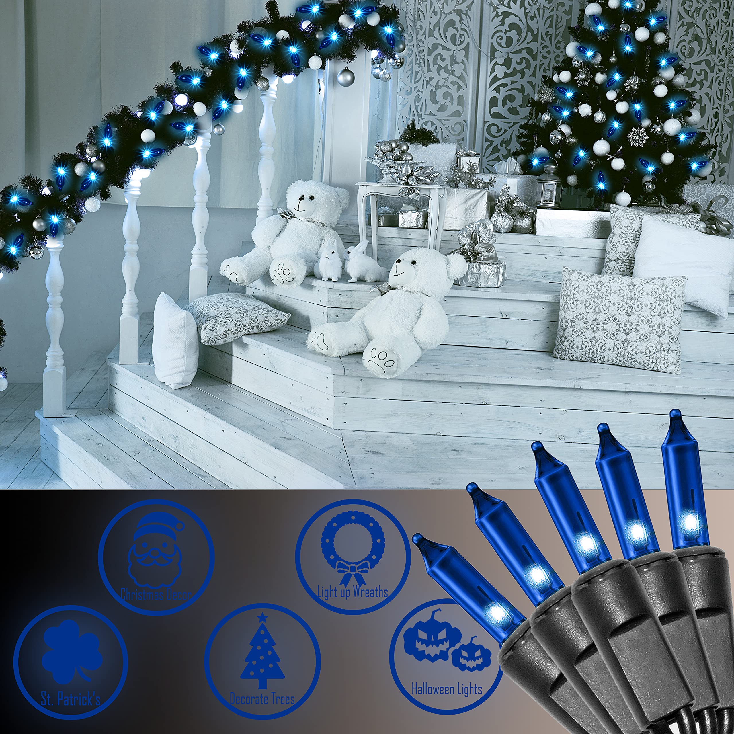 Holiday Essence - 100 Blue Christmas Lights, Incandescent String Lights, 20.6 Feet Black Wire For Indoor & Outdoor & Decorative,