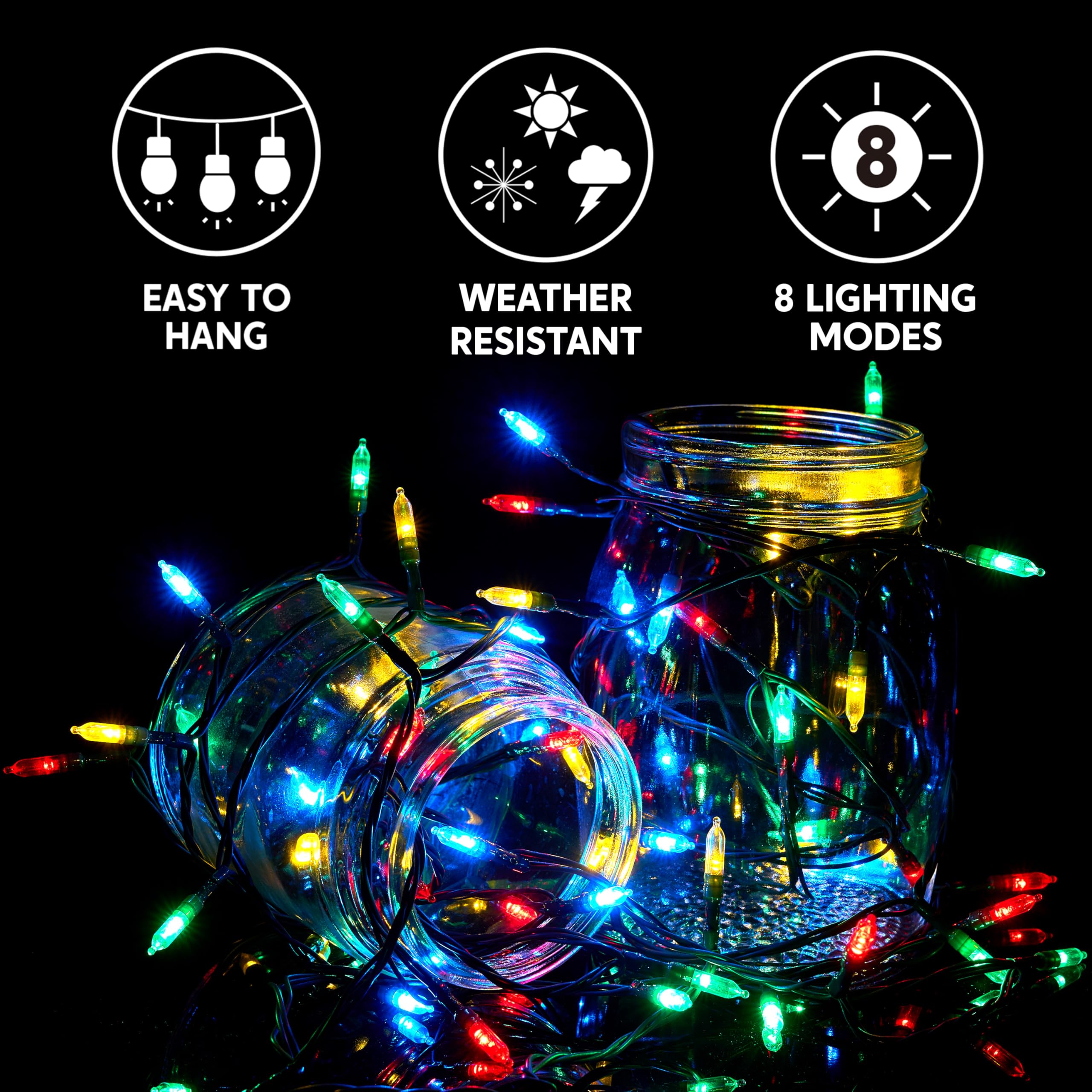 Joiedomi LED Christmas Lights Outdoor, 16.3FT, Battery Operated, 8 Modes, 50 Multicolor Lights, Green Wire, Model JOI-LH-31142