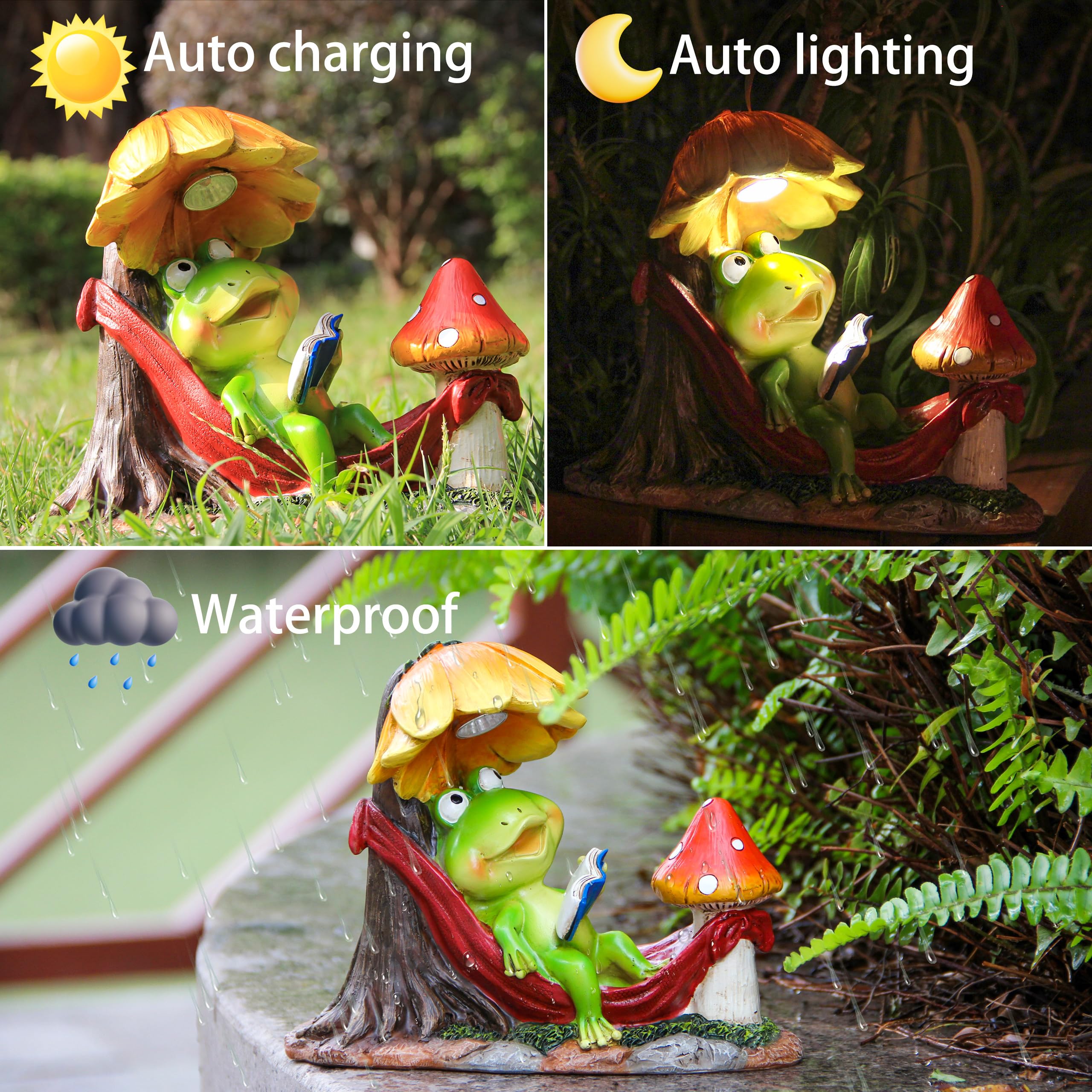 Leekung Solar Frog Garden Decor,Frog Statue With Solar Light For Outdoor Decorations,Reading Frog Figurine Garden Statues For Ou