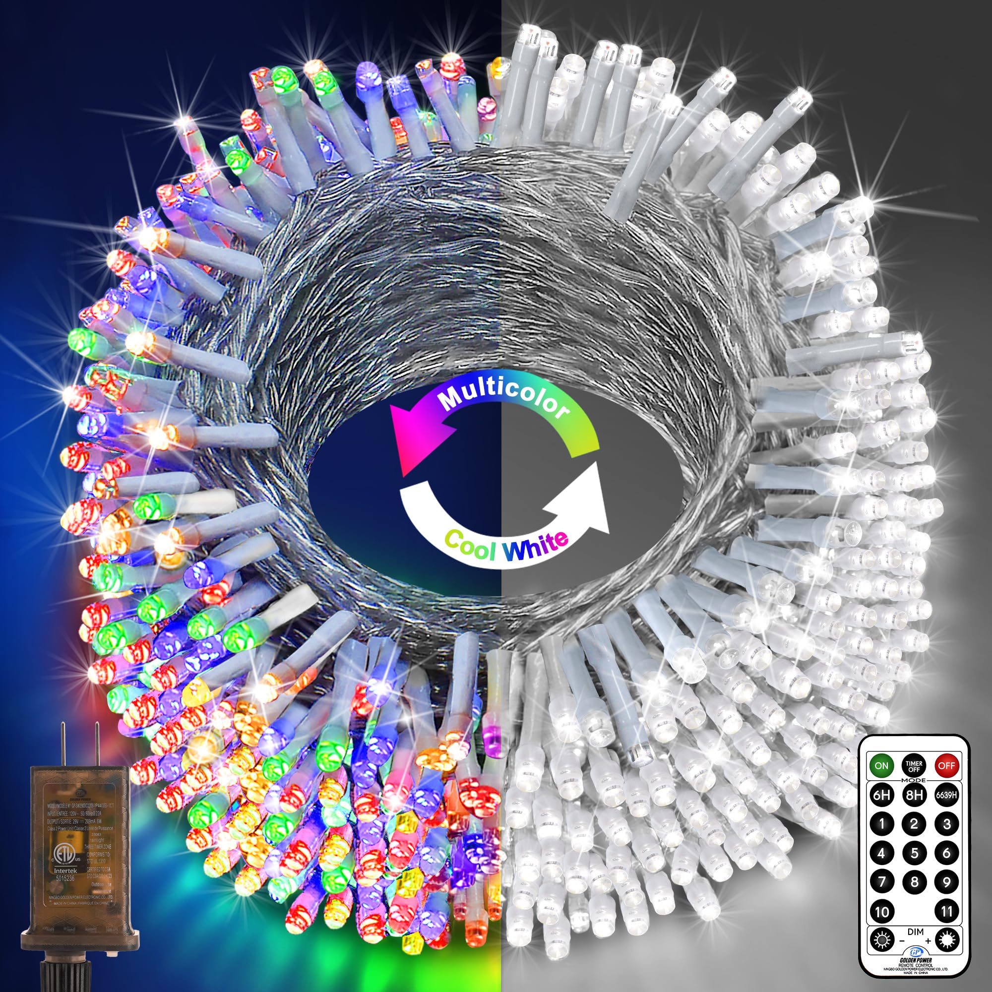 KNONEW 197FT 500 LED Christmas String Lights Outdoor Color Changing 11 Modes Timer Fairy Light Plug in Waterproof Lights for Xmas Tree Yard Wedding Decorations (Cool White to Multicolor)