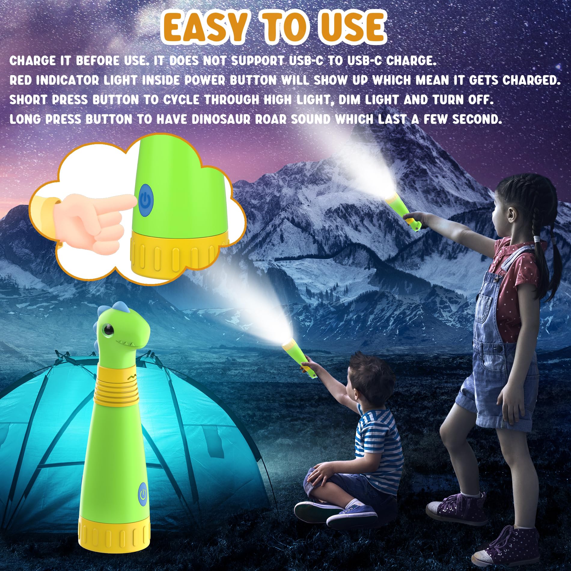 AUKSKY Dinosaur Flashlight for Kids, Rechargeable Dino Lantern, Green, Model DF-01, Perfect for Camping and Holidays