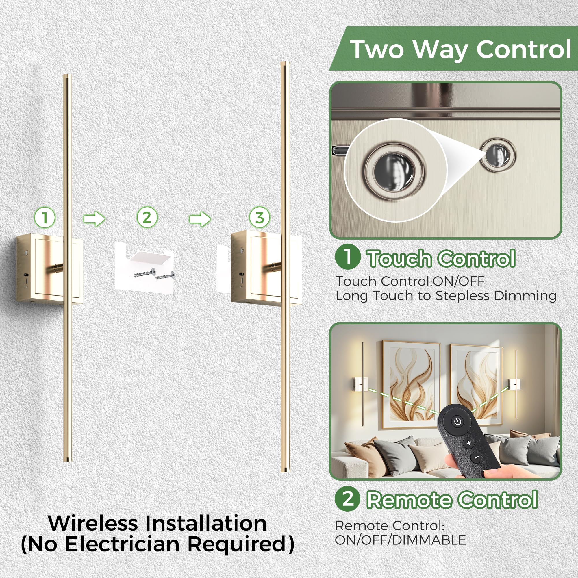 DORESshop Dimmable Battery Operated Wall Sconces Set of 2, 28.1 Inch Nickel, Rechargeable with Remote Control, Model SF20250917B0DNZDZ