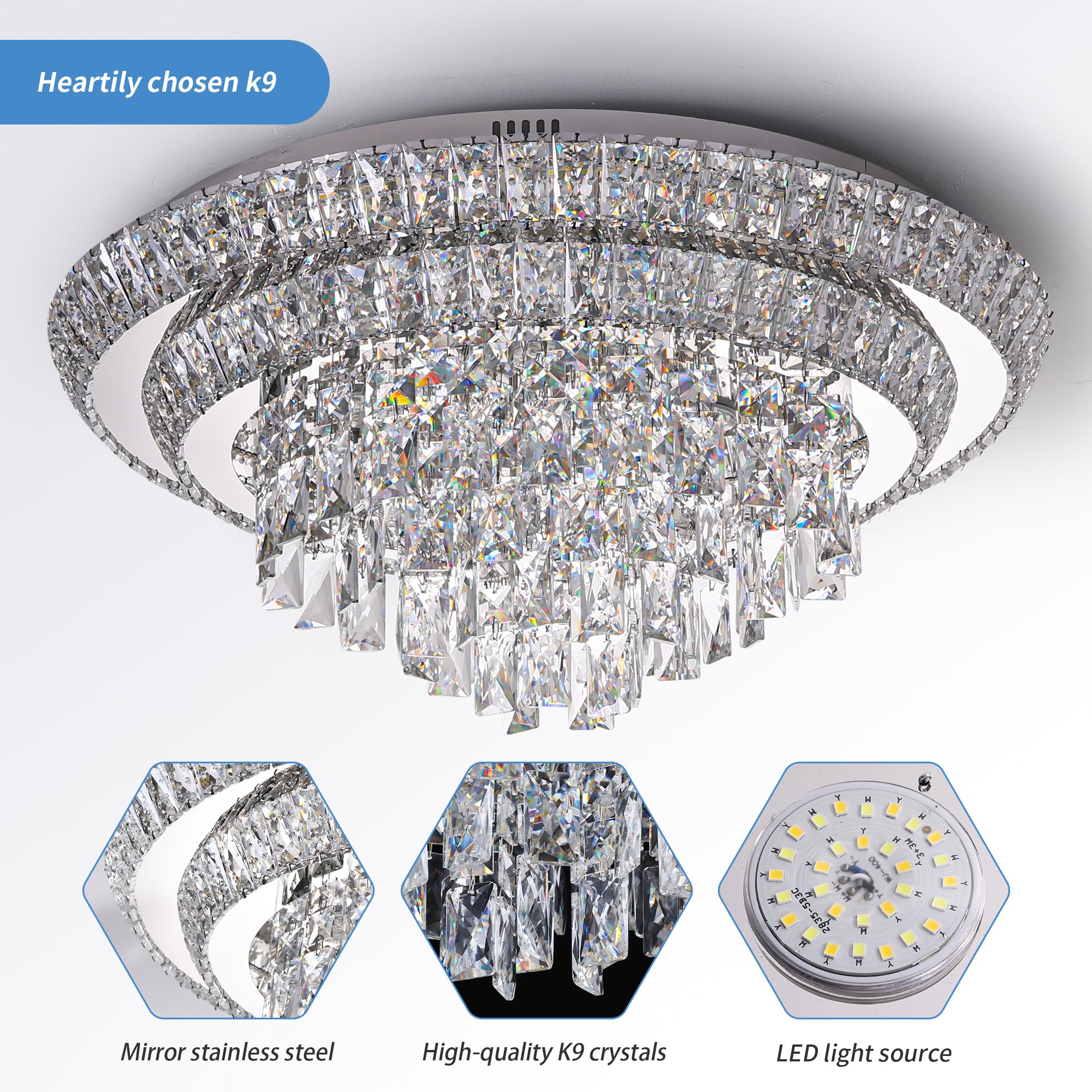Redstar 24'' Crystal Ceiling-Light Flush Mount With Remote Control, 3 Colors Temp & Brightness Adjustable, Modern Crystal Raindr