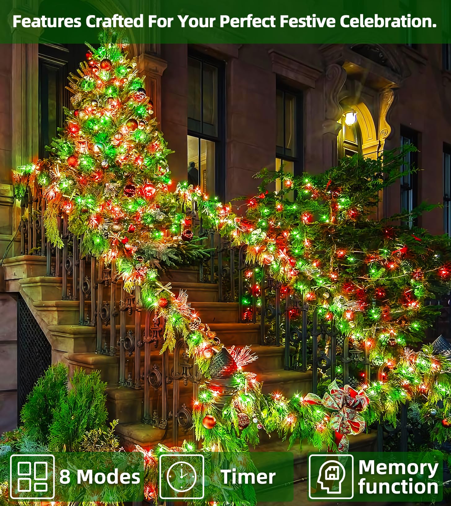 300Led Christmas Lights Indoor Outdoor Use Green Wire, 8 Lighting Modes 100Ft Christmas Tree Lights With Timer & Memory, Ip44 Wa