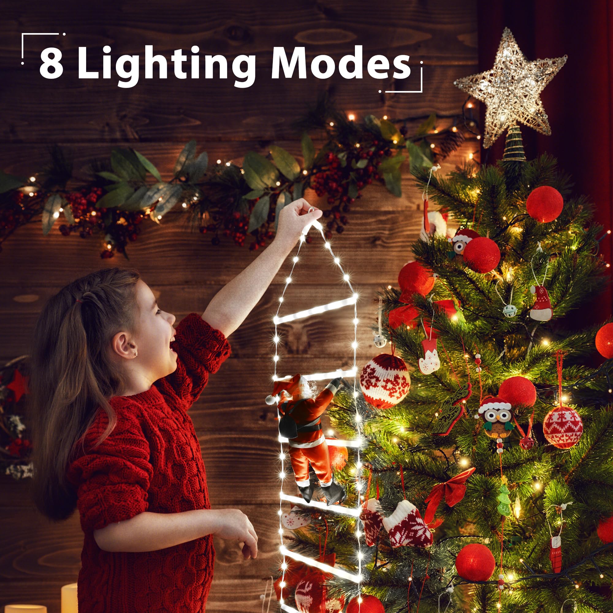 Toodour Led Christmas Light - 2.5Ft Christmas Decorative Ladder Lights With Santa Claus, Christmas Decorations Lights For Indoor Outdoor, Window, Garden, Home, Wall, Xmas Tree Decor - Cool White
