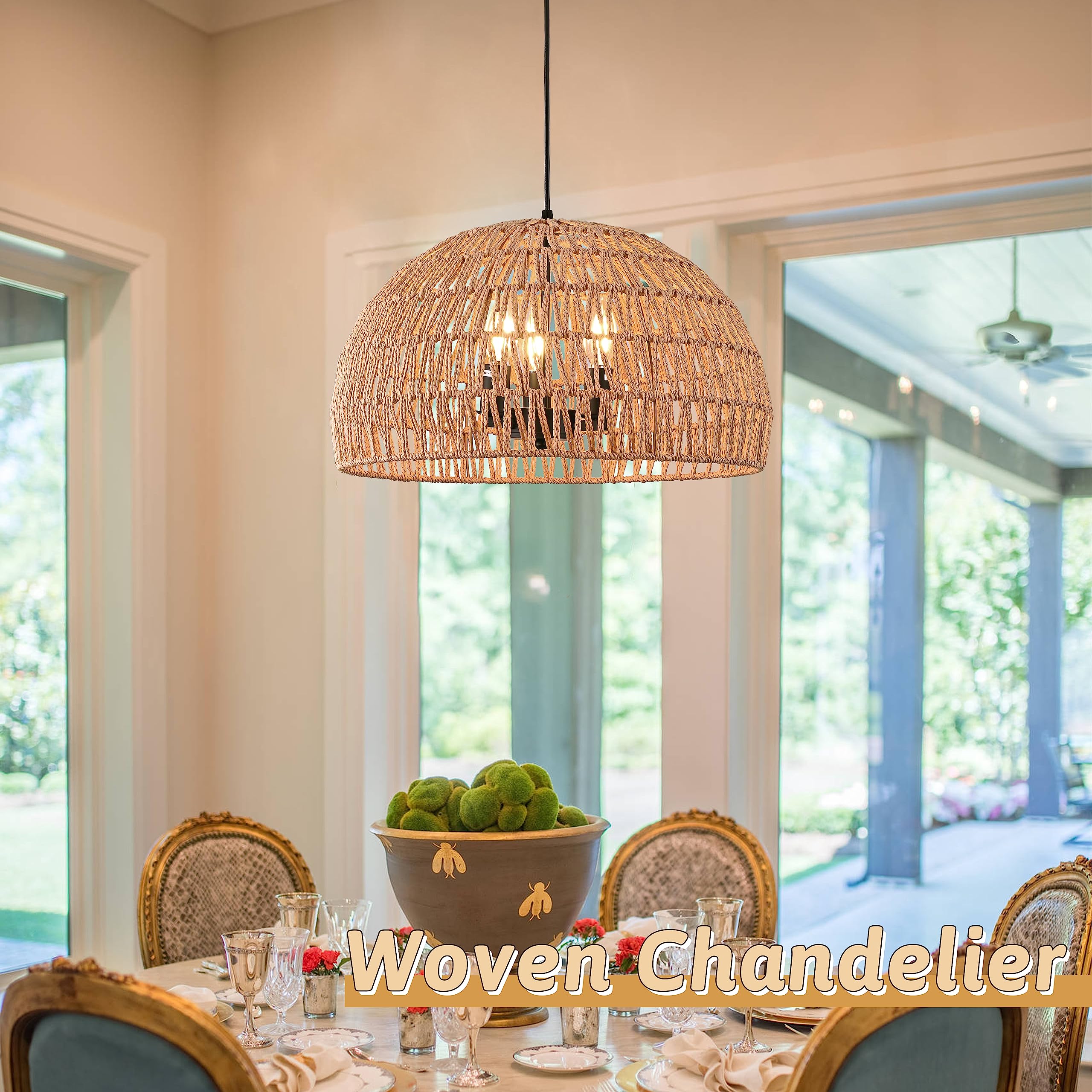 Ayshwilldec 17.6&quot; Hemp Rope Woven Pendant Light - 3-Light Boho Rattan Chandelier For Dining Room
