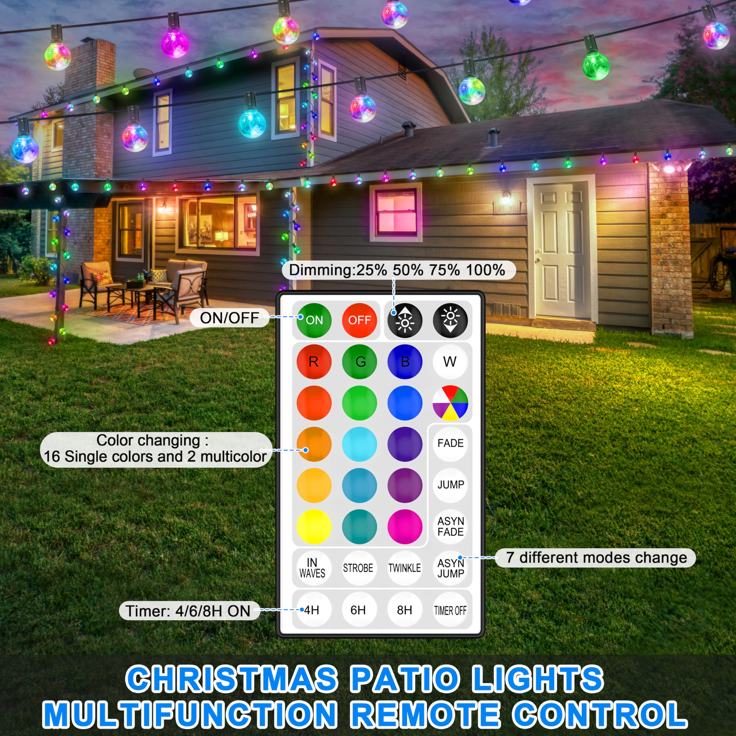 OMIKA LED Outdoor String Lights - 30Ft Waterproof Patio Lights, 30+2 Color Changing G40 Bulbs, Dimmable, Shatterproof, Model DY-QP-100