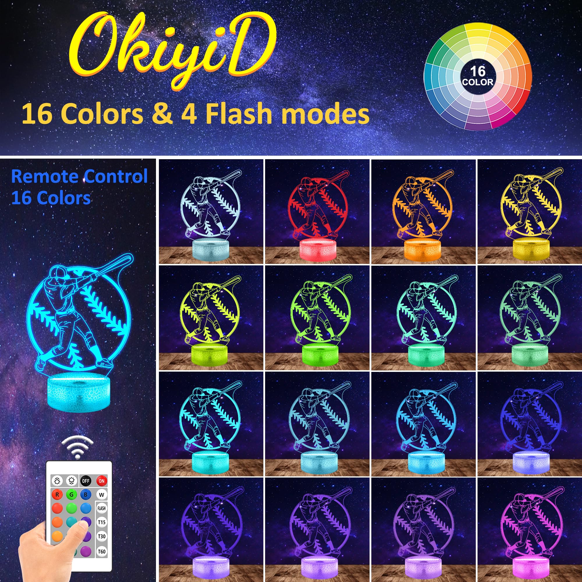 OkiyiD Baseball 3D Illusion Lamp, Remote Control Night Light, 16 Colors, Boys Room Decor, Model FS-2810-9999, Color 12