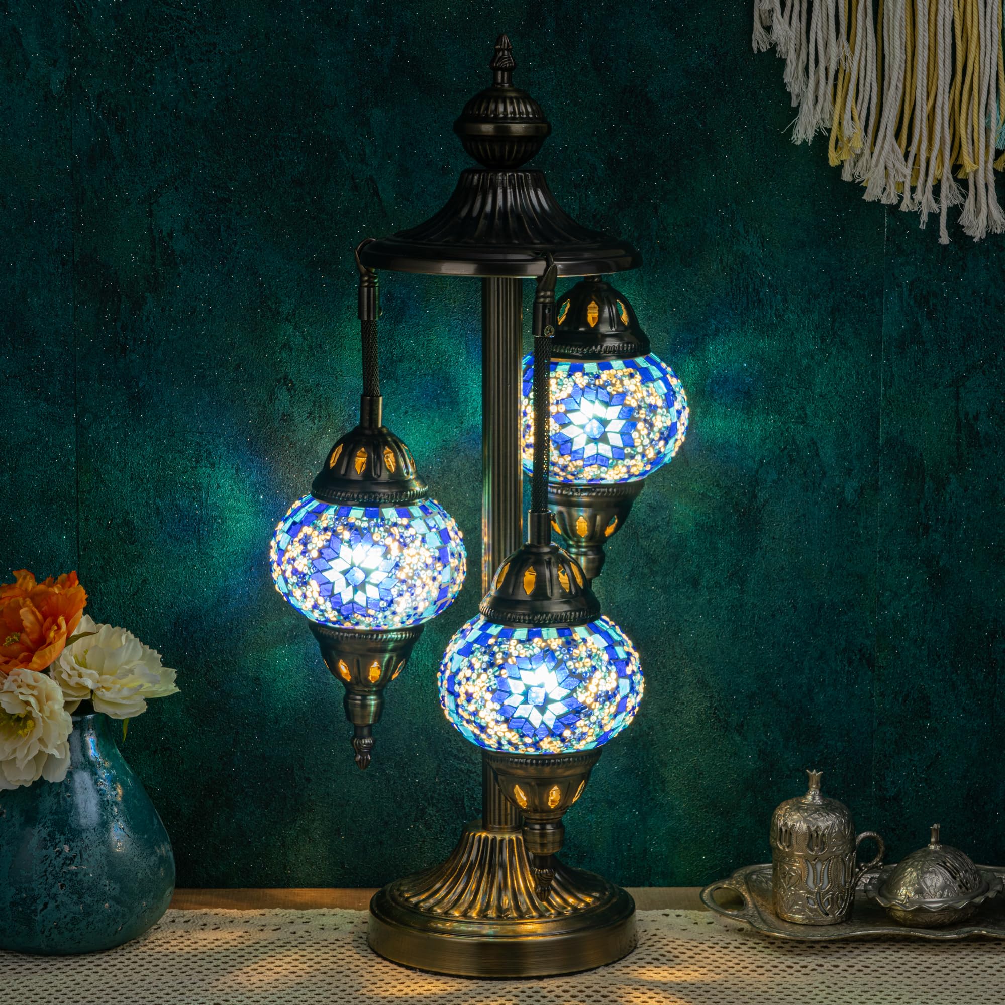 Marrakech Turkish Lamp 3 Globes Moroccan Table Lamp with Bronze Base, 23'' Tall Handmade Blue Tiffany Mosaic Glass Night Light F