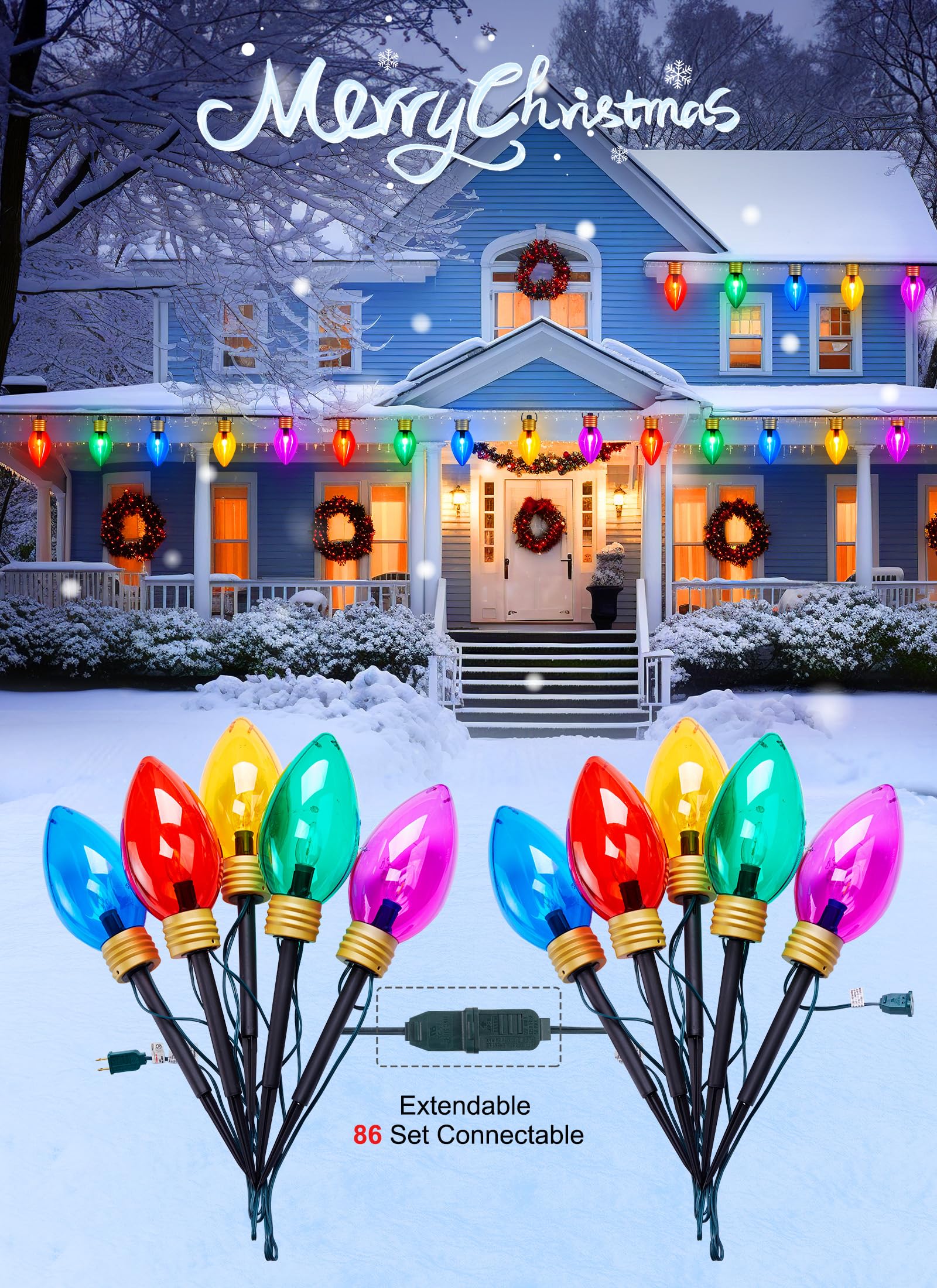 Super Jumbo C9 Christmas Pathway Lights - 11Ft 5 Led Christmas Walkway Lights, Multicolor Christmas Decoration Outside, Waterproof Giant Christmas Lights Outdoor Decoration For Yard Holiday Lawn