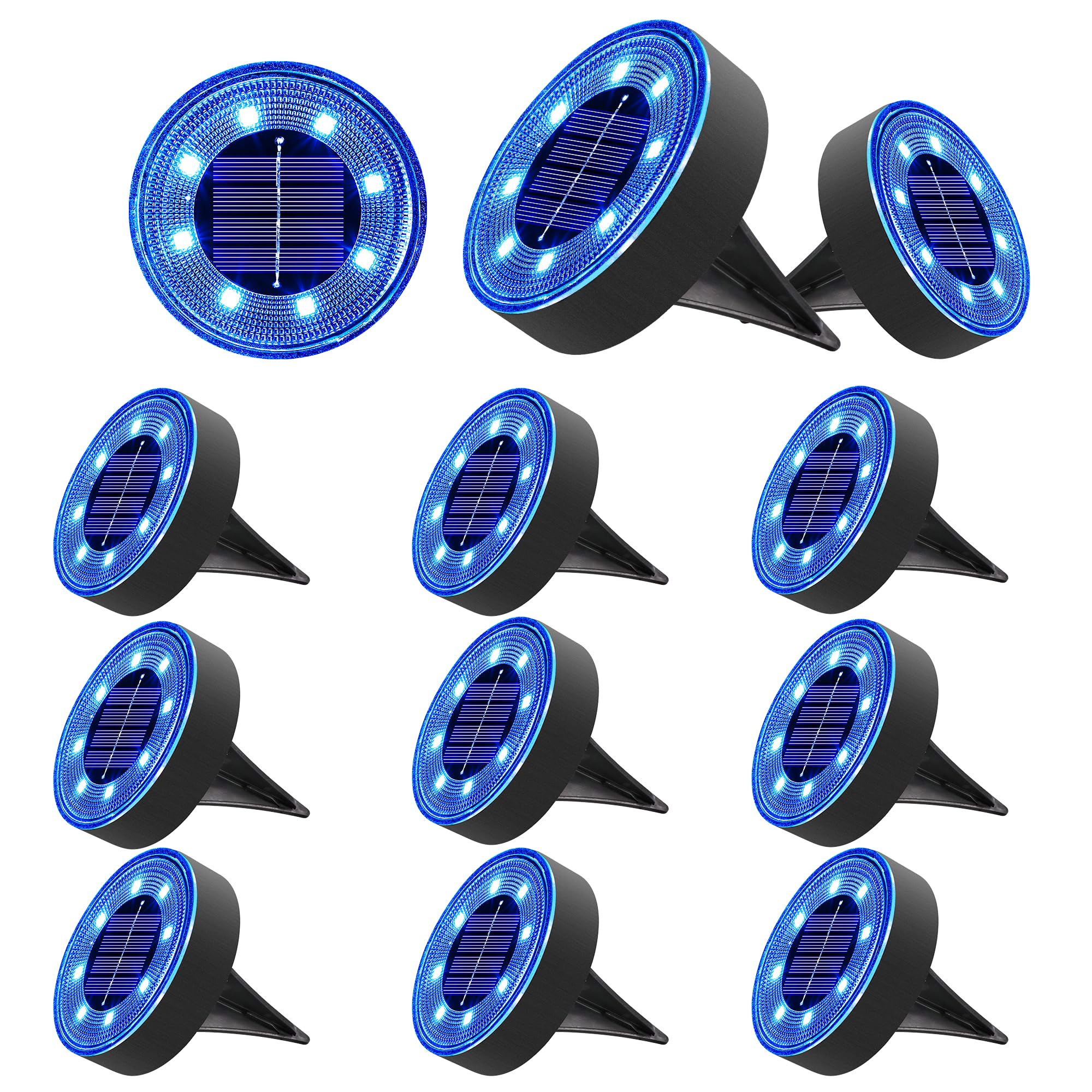 Joomer Solar Ground Lights, 12 Pack, 8 LED, Waterproof IP68, Disc Light, Landscape Lighting, Blue