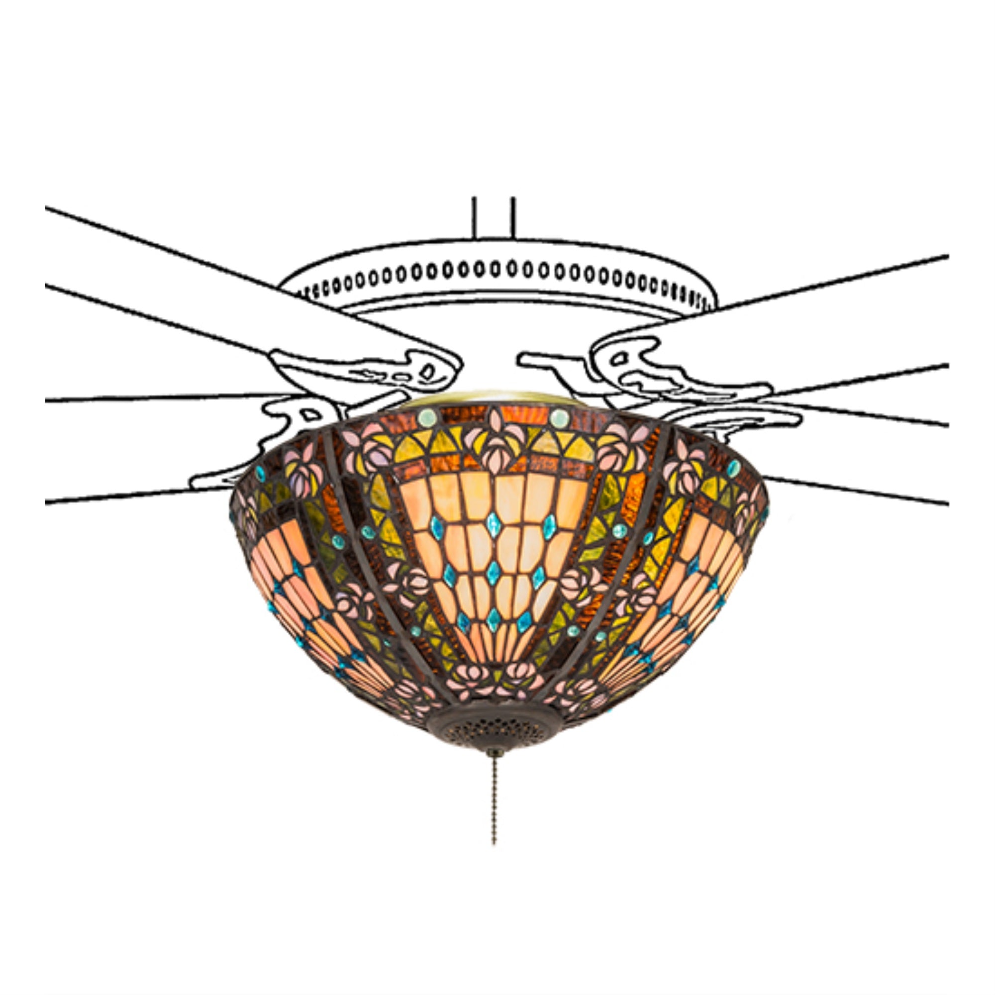 Meyda Indoor Decorative 16in Fleur-De-Lis Fan Light Fixture, Green/Blue, Light Blue, Xag Blue