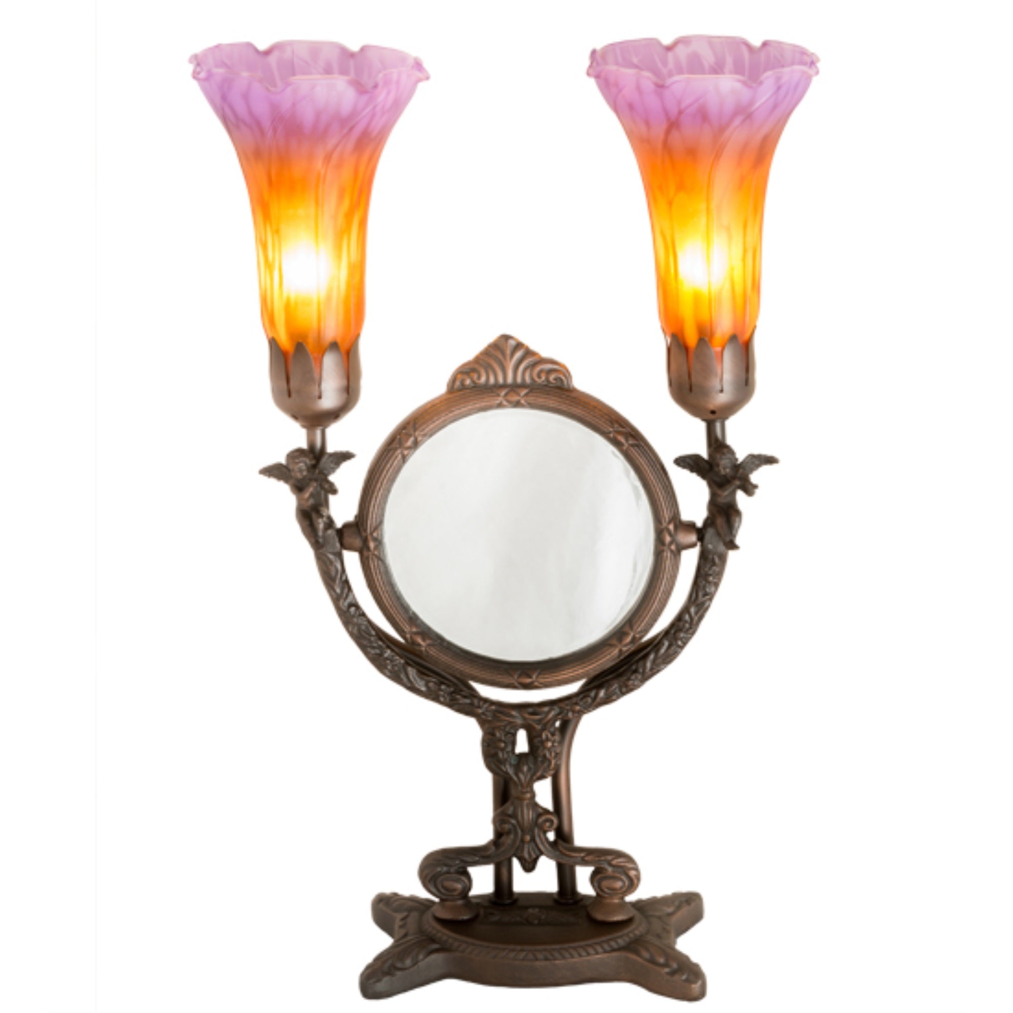 17 inchH Amber/Purple Pond Lily Cherub Mirror Accent lamp