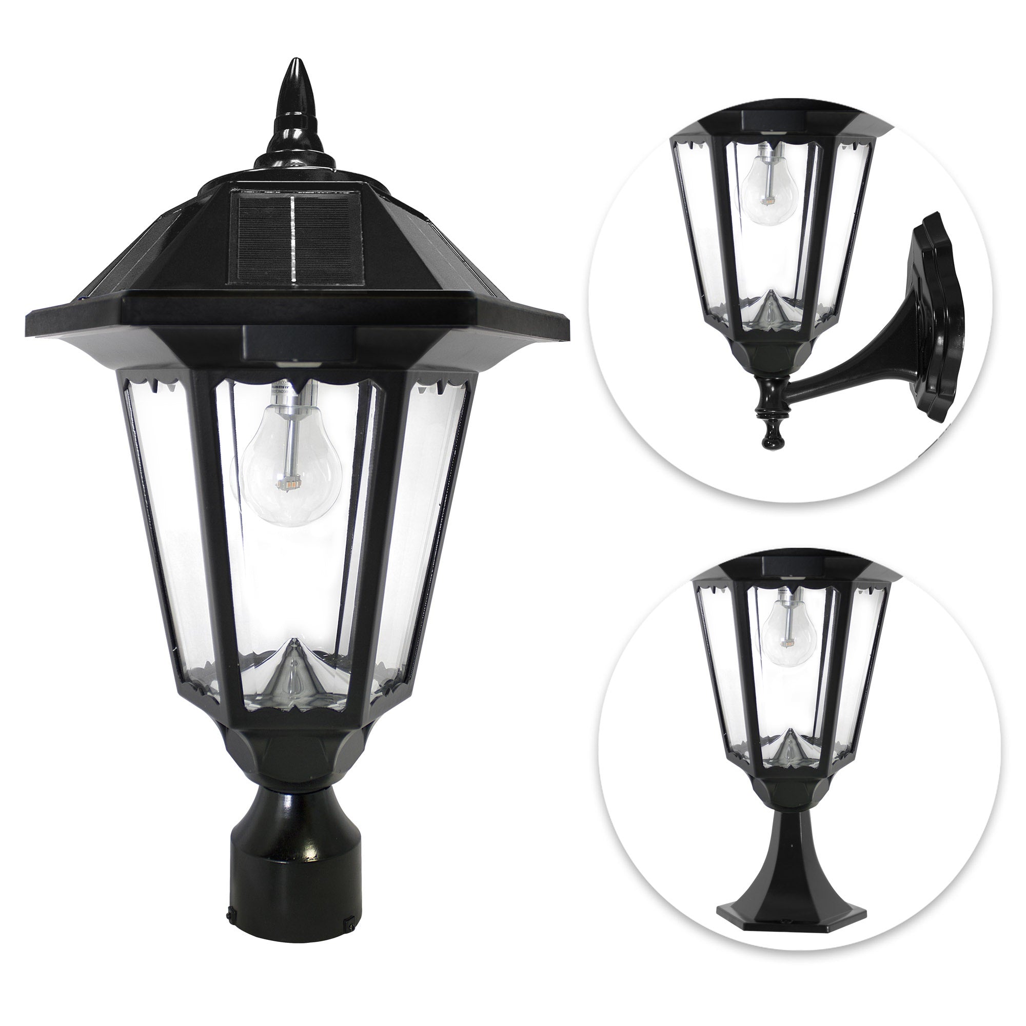 Gama Sonic Solar Post Light, Windsor Bulb, 1-Light, Cast Aluminum, 3 Mounting Options, Black, Model GS-99B-FPW