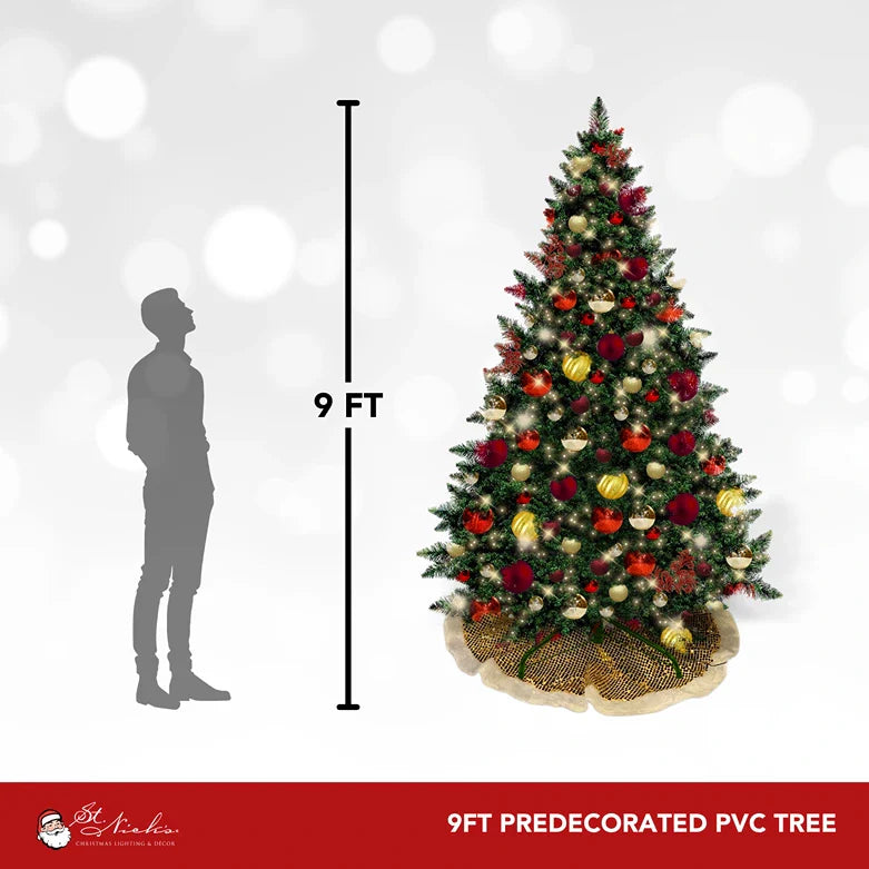 9FT Artificial Christmas Tree PVC Pre-Decorated Red Burgundy Gold Ornaments with Warm White Lights