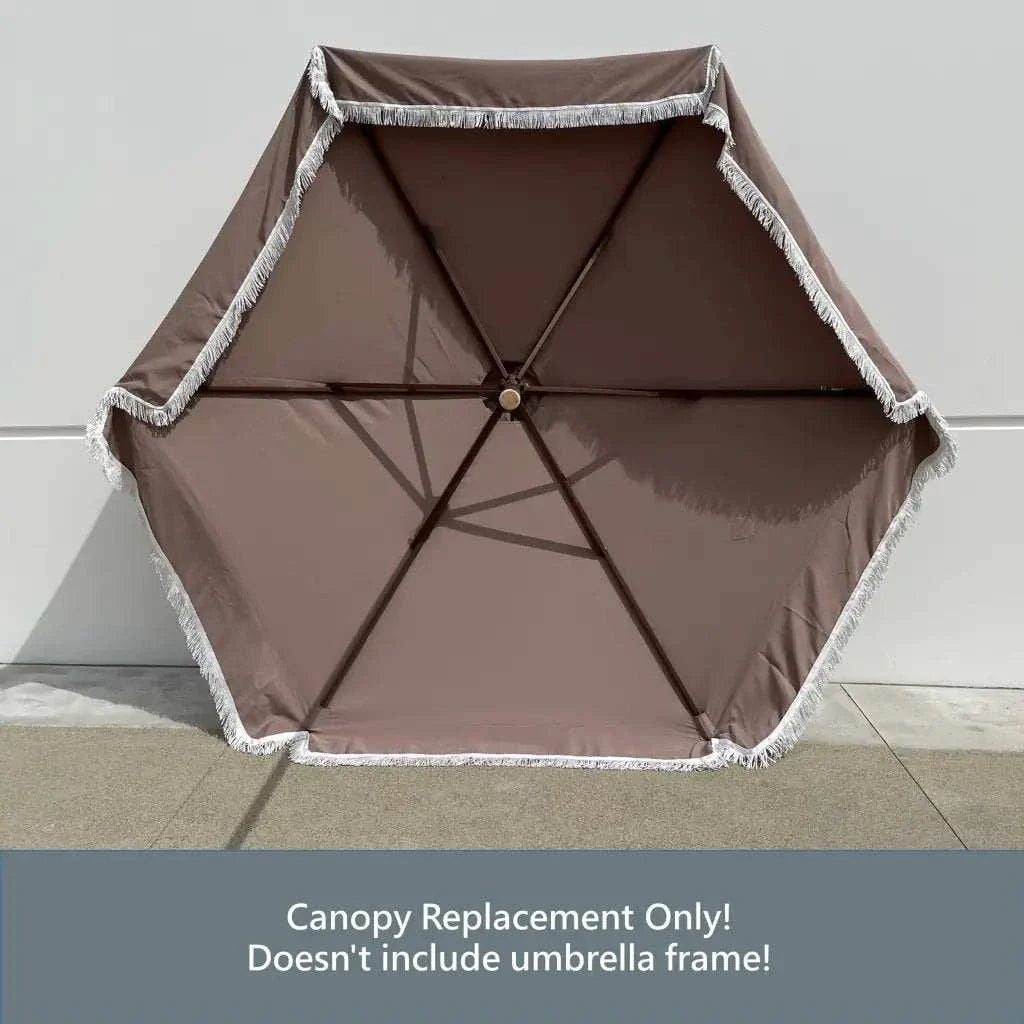 9ft 6 Ribs Replacement Umbrella Canopy w/Fringed Valance in Taupe (Canopy Only)