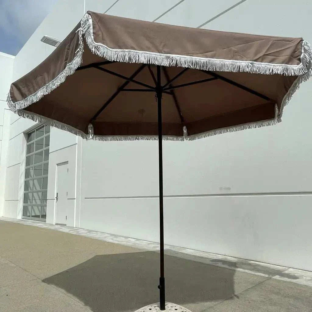 9ft 6 Ribs Replacement Umbrella Canopy w/Fringed Valance in Taupe (Canopy Only)