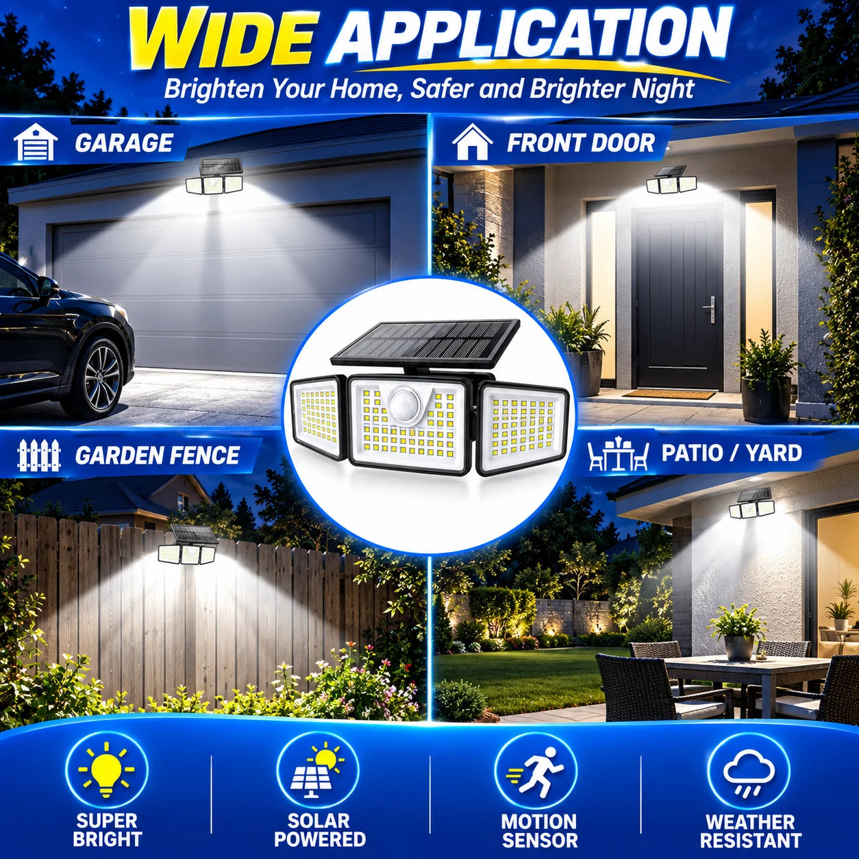 2PCS Solar Motion Sensor Security Lights with Remote Control, 3 Lighting Modes, 270° Adjustable 3-Head LED Outdoor Wall Lights, IP65 Waterproof Solar Flood Lights for Garage, Yard, Garden, Patio & Front Door