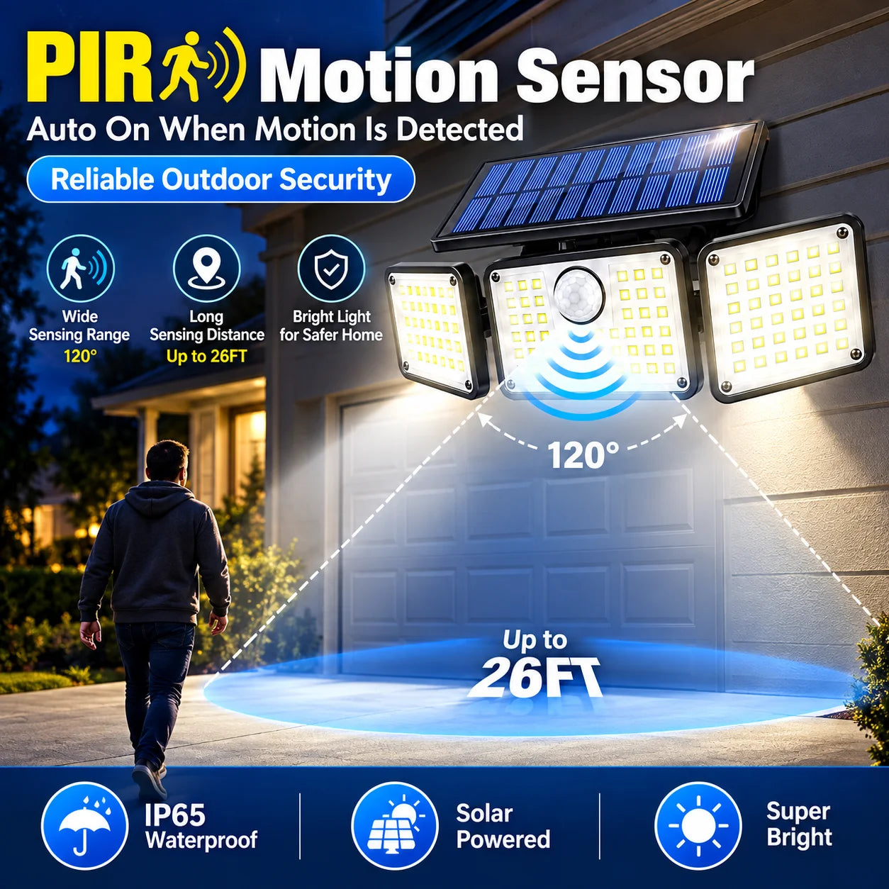 288 LED Solar Motion Sensor Light with Remote Control, 3 Adjustable Heads Outdoor Security Flood Light, 3 Lighting Modes, IP65 Waterproof Solar Wall Light for Yard, Garage, Patio & Porch