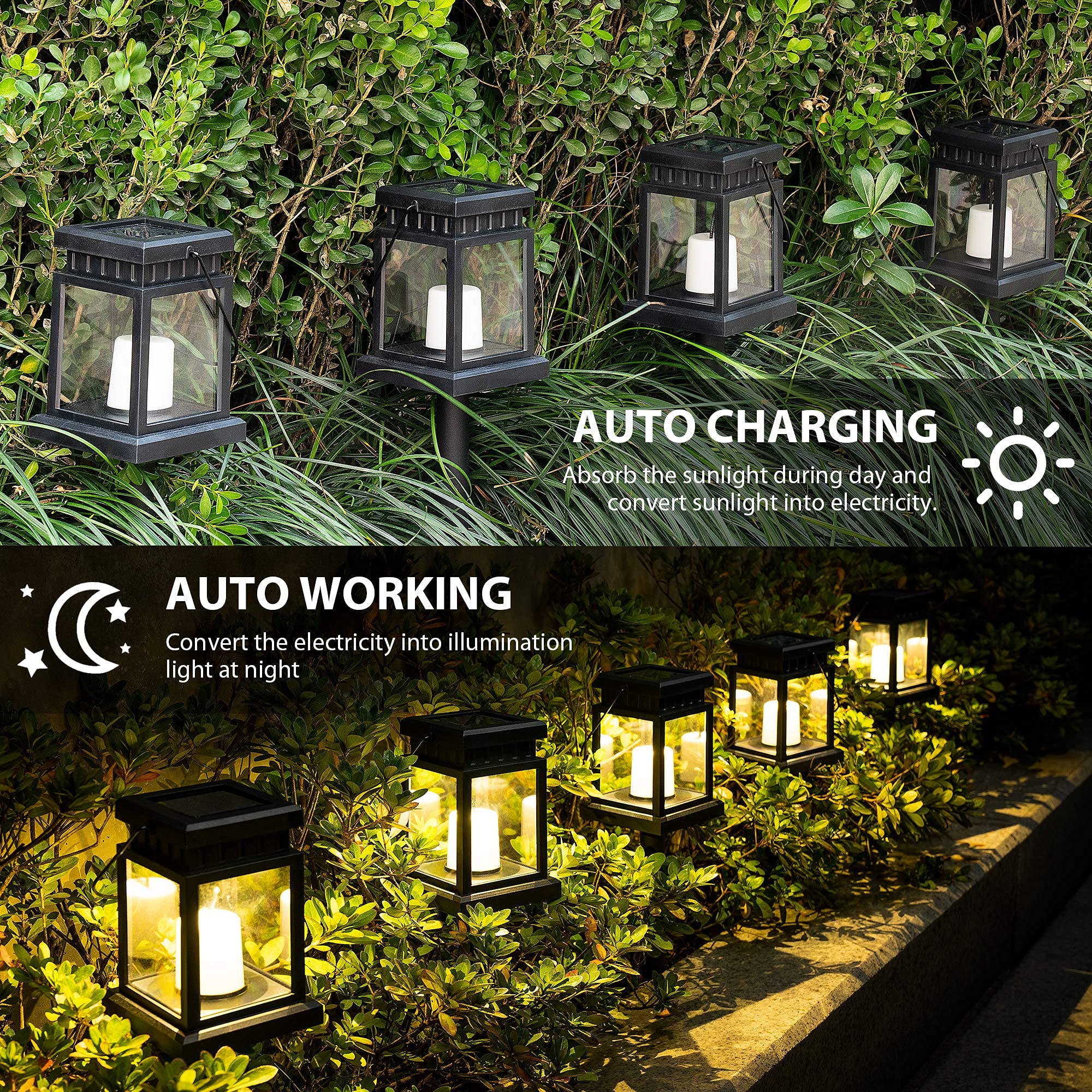 SOLPEX Solar Lanterns Outdoor - 8 Pack LED Hanging Lights, Waterproof, Candle Effect, Black, 3.5"x3.5"x16.2", Model 8374-X